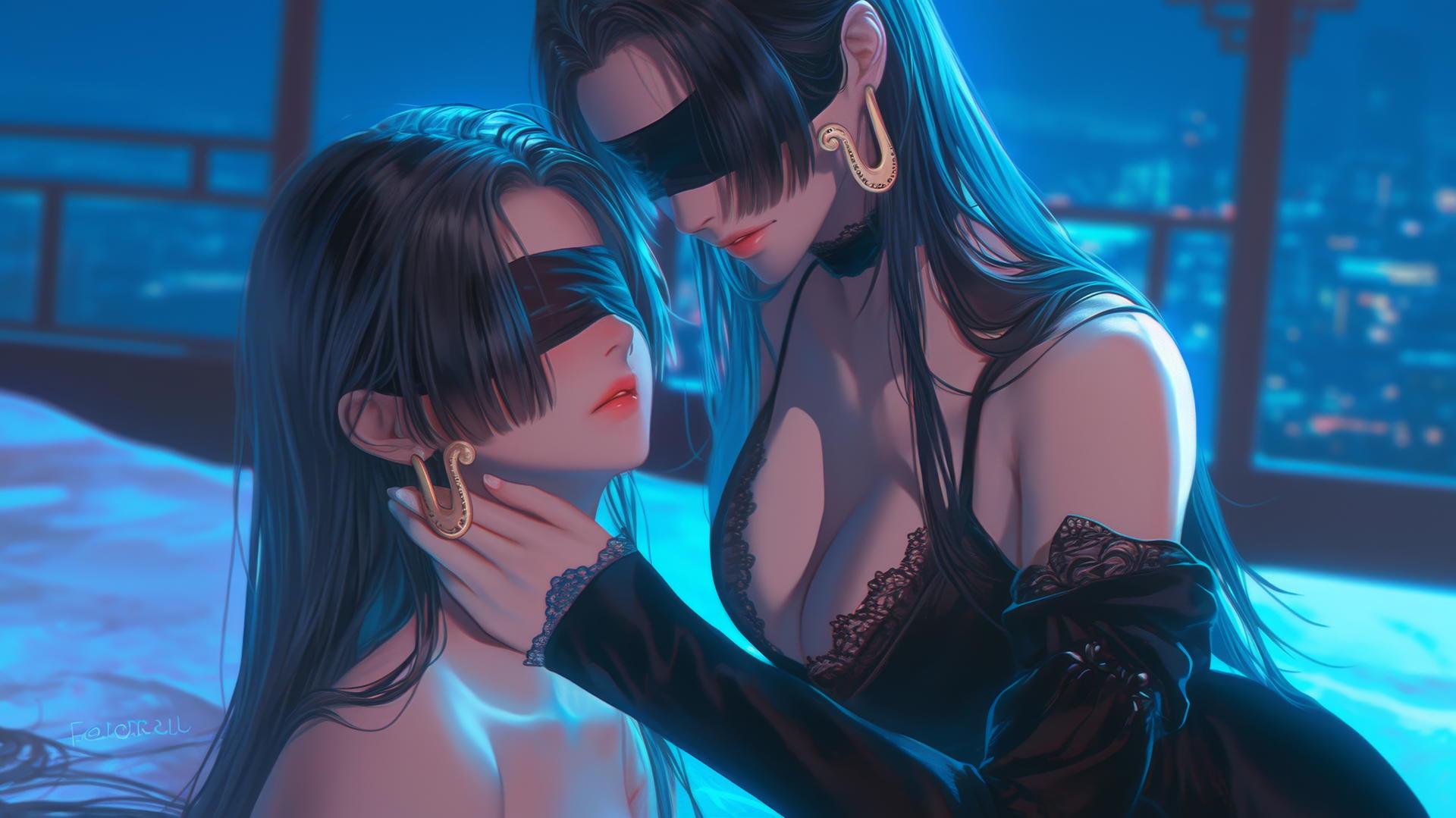 Boa Hancock kneeling with blindfold, neon light glow in modern hotel room