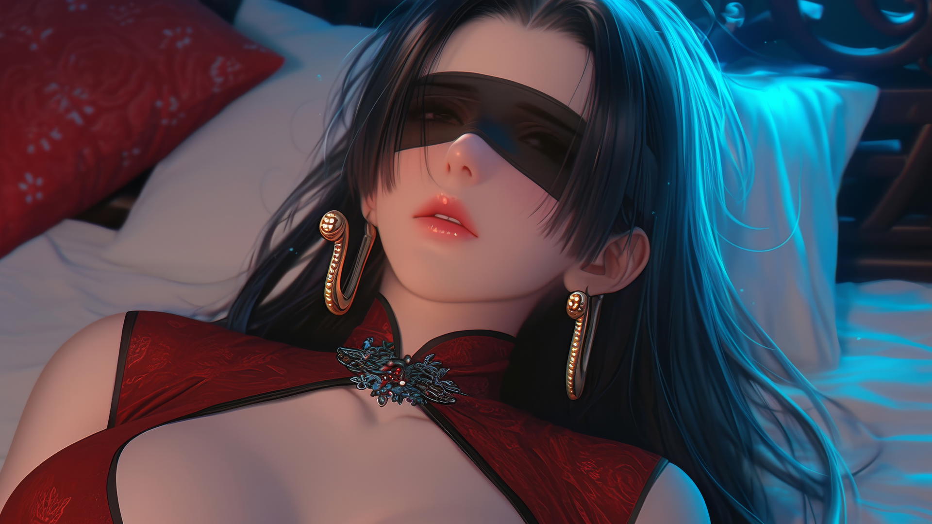 Boa Hancock kneeling in modern hotel room with neon lighting, wearing a red blindfold.