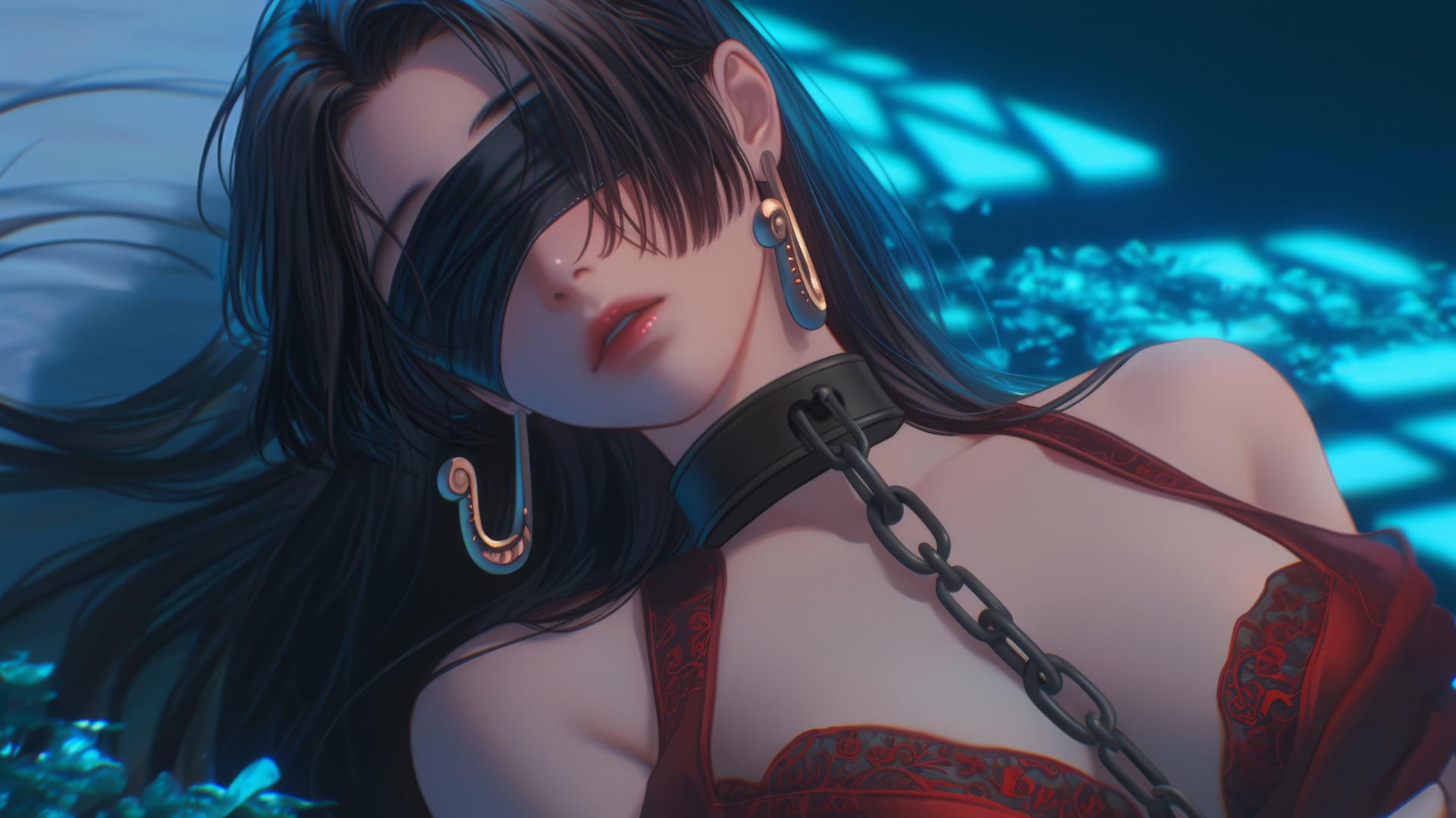 Boa Hancock kneeling, wearing a red blindfold, bathed in neon light