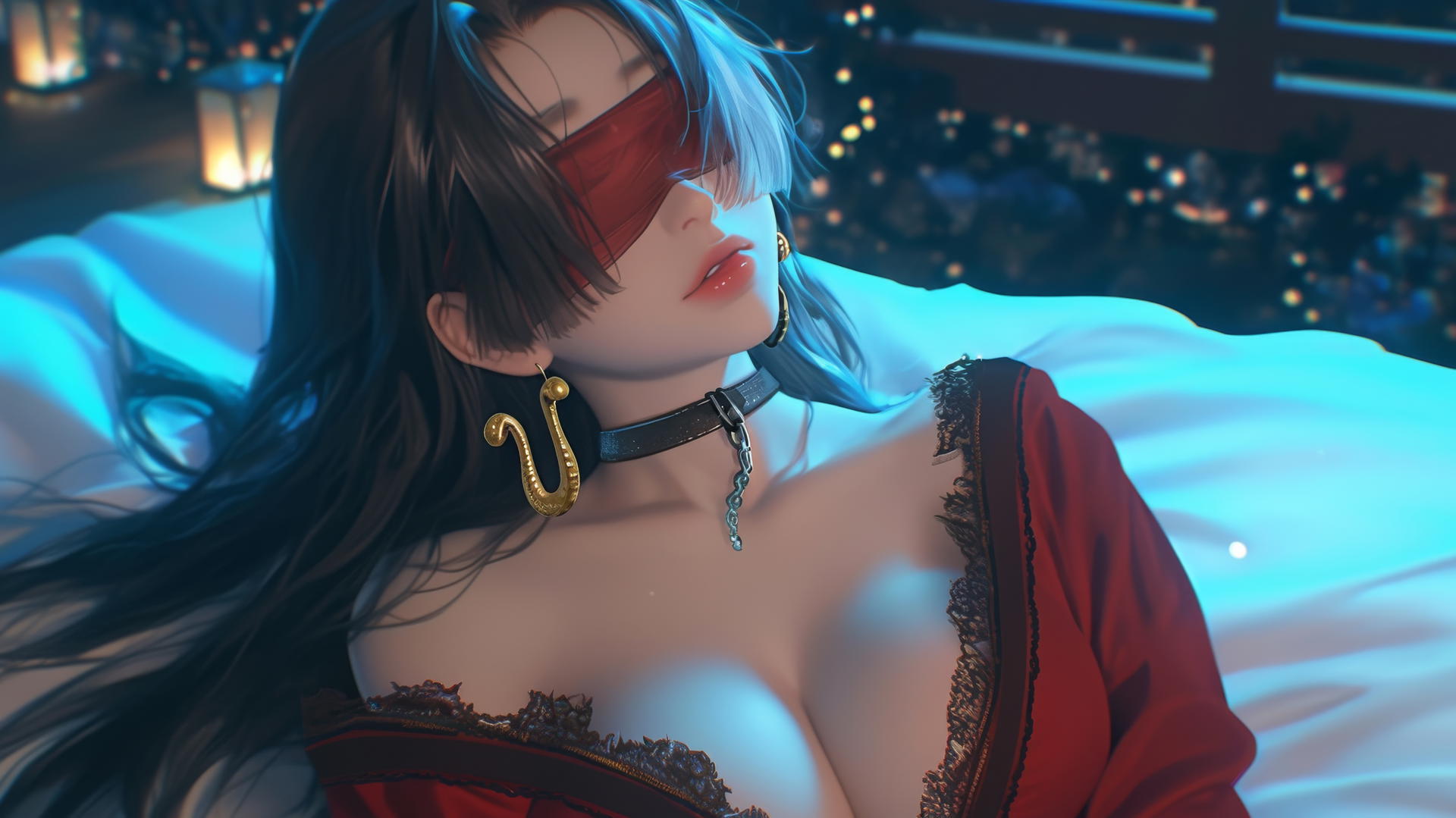 Boa Hancock with a red blindfold kneeling in a romantic modern hotel room with neon lighting.