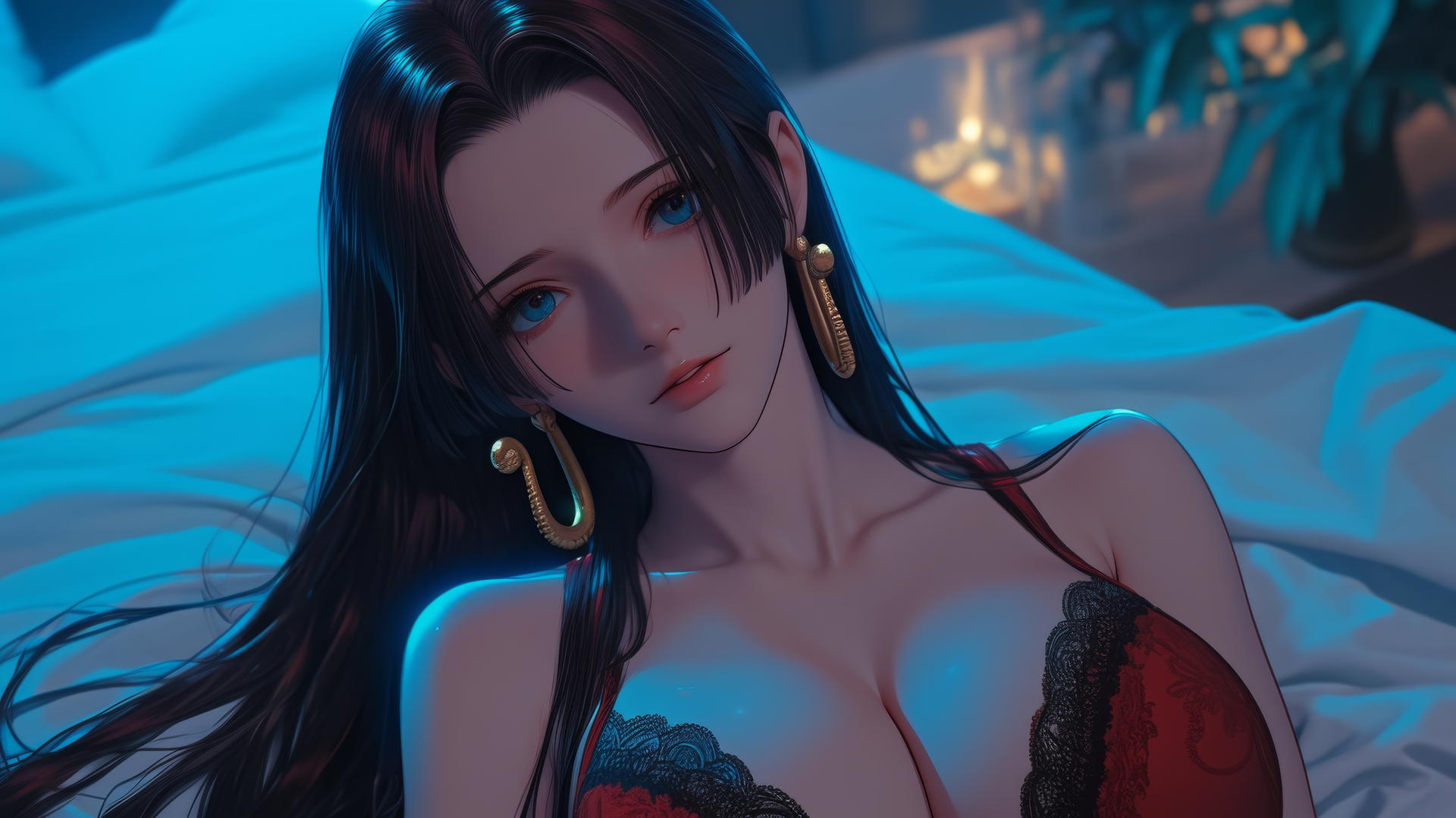 Boa Hancock from One Piece kneeling, wearing red in neon-lit modern hotel room
