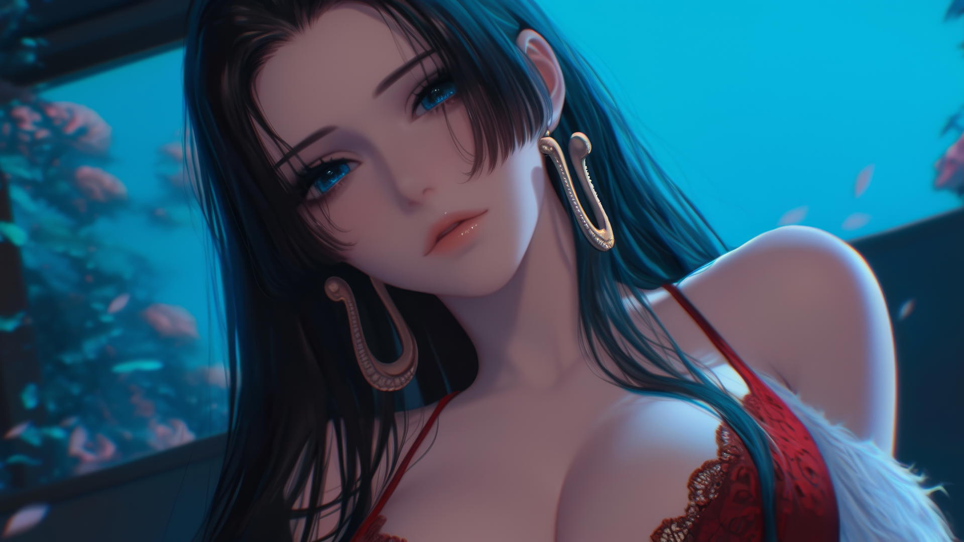 Boa Hancock from One Piece kneeling under a neon-lit ceiling, looking down