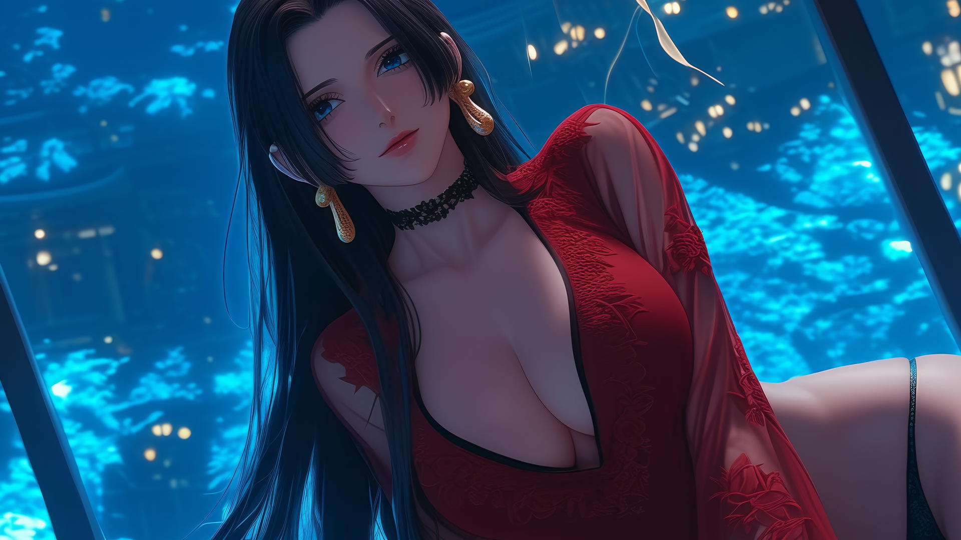 Boa Hancock from One Piece, kneeling and looking down, with neon-lit ceiling background.