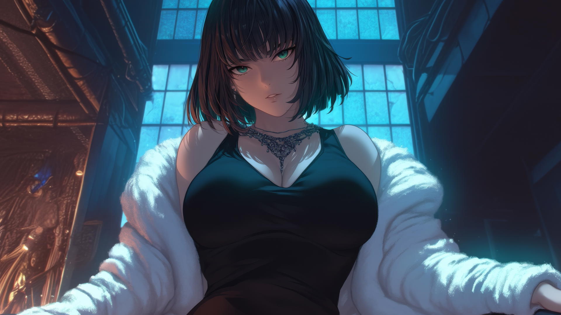 Fubuki from One Punch Man leaning towards viewer with neon-lit hotel ceiling in background