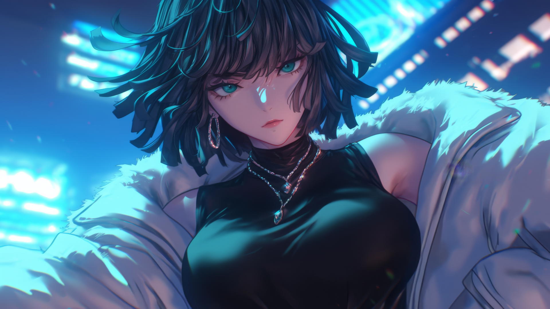 Fubuki from One Punch Man kneeling and leaning forward with neon-lit hotel ceiling background.