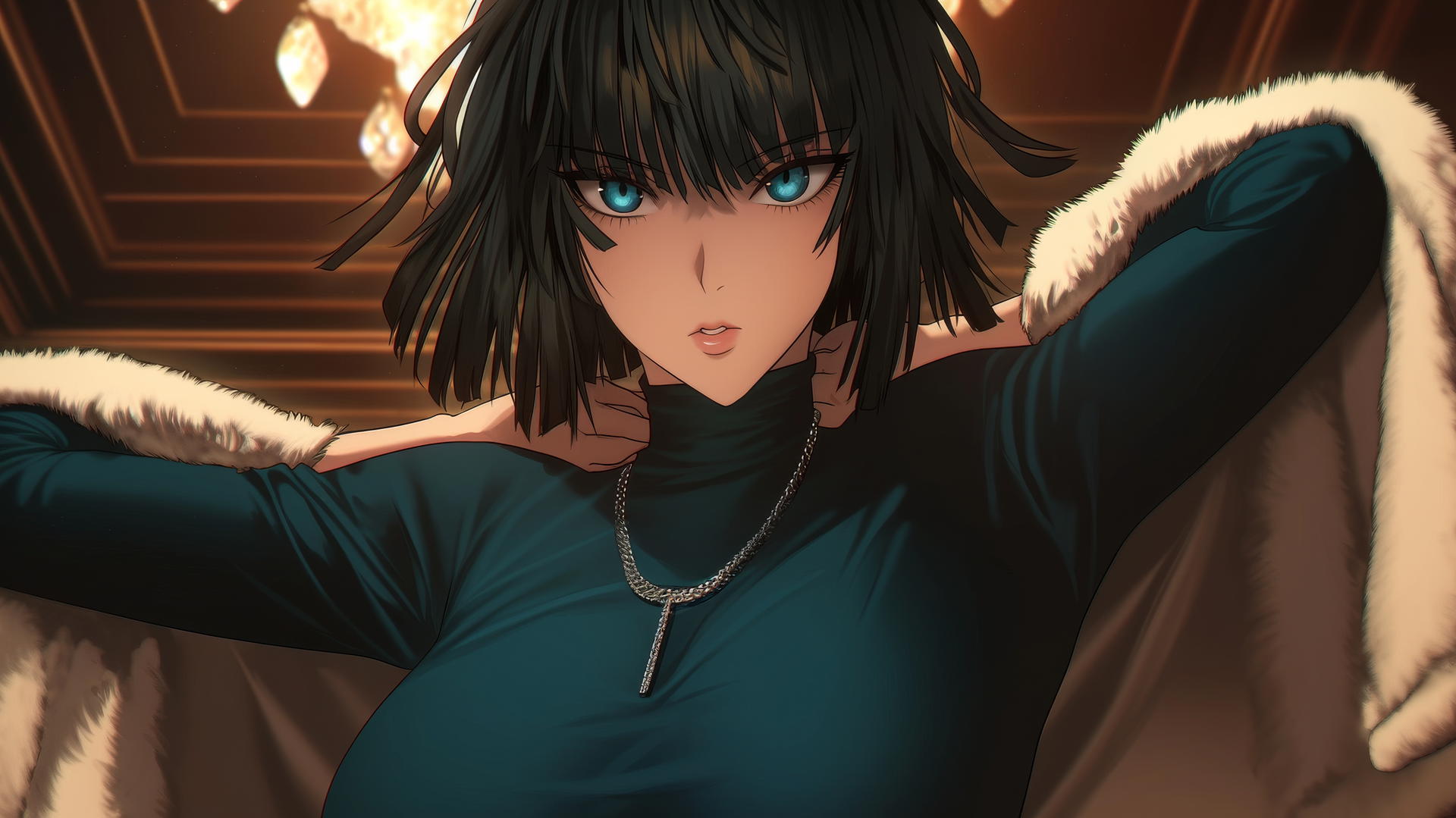 Fubuki from One Punch Man kneeling and leaning forward under neon-lit hotel ceiling, looking down