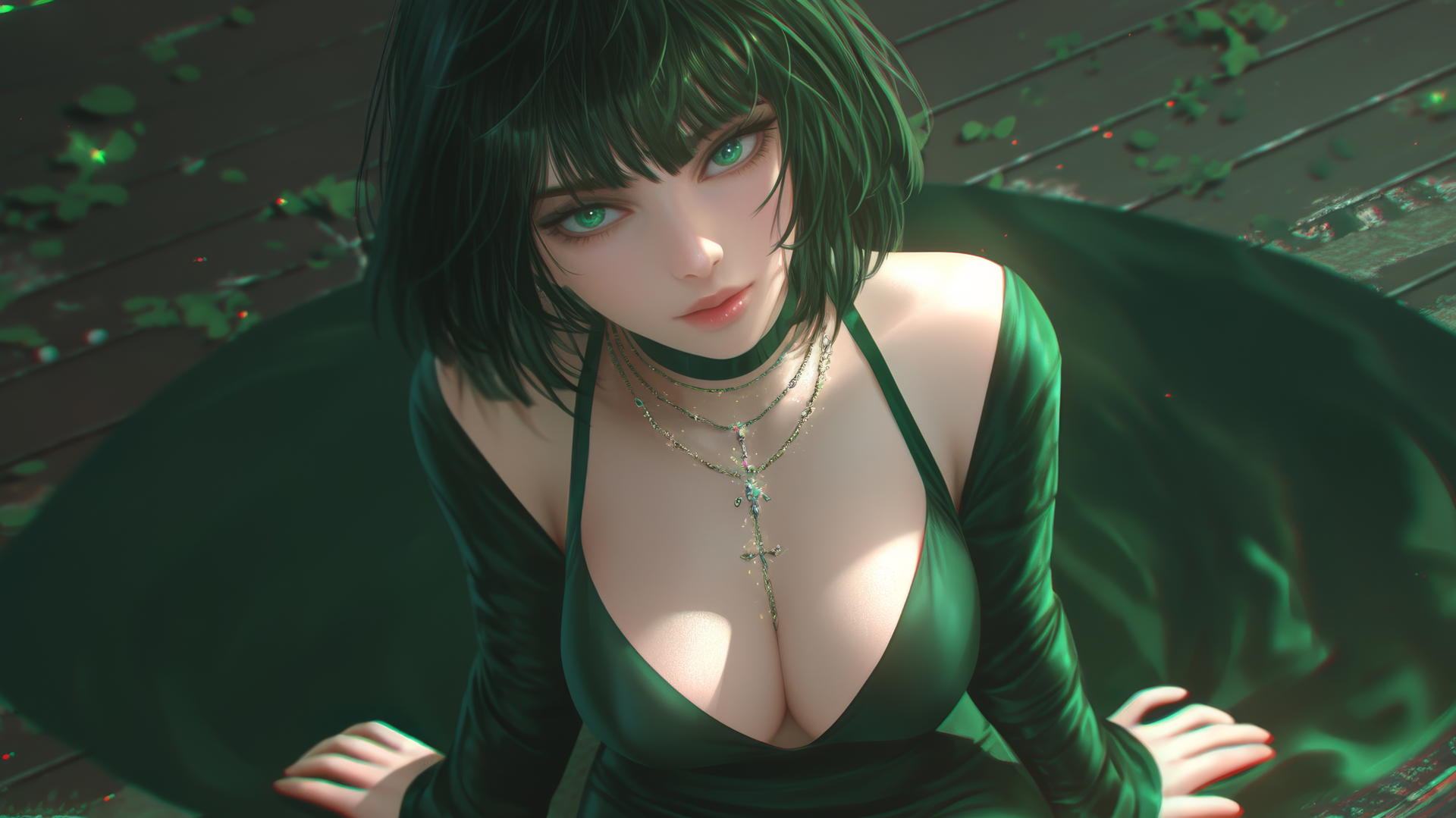 Fubuki from One Punch Man kneeling, neon-lit modern hotel room, dark green bob, light green eyes.