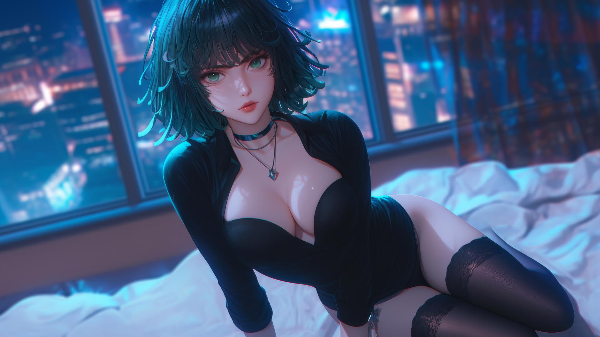 Fubuki from One Punch Man kneeling and looking up, neon light in modern hotel room