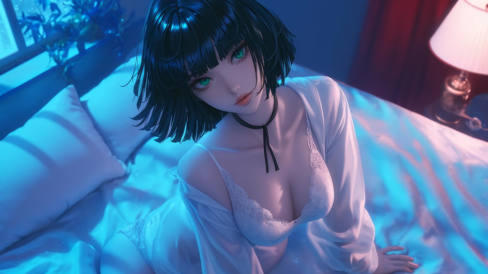 Fubuki from One Punch Man kneeling, looking up, neon glow, dark green bob haircut