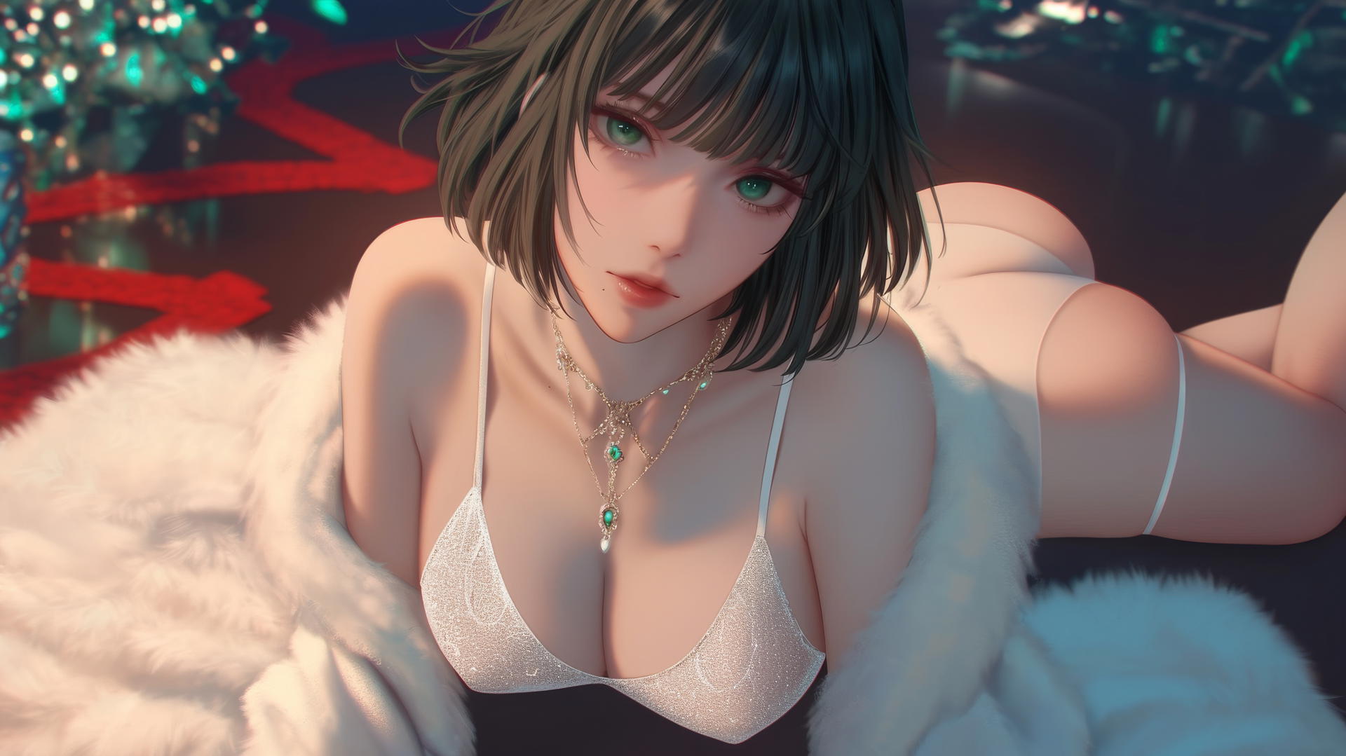 Fubuki from One Punch Man kneeling, looking up, in modern hotel room neon light