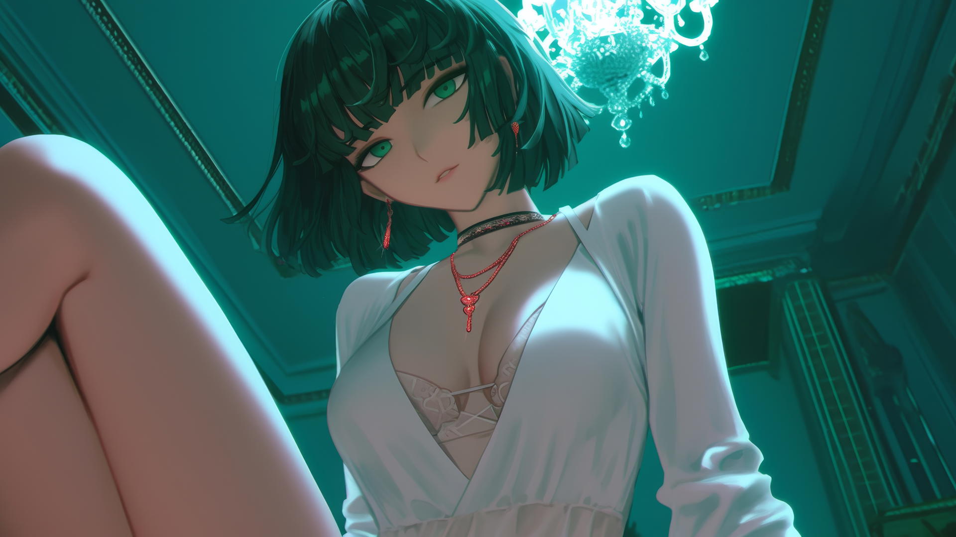 Fubuki from One Punch Man kneels, white attire, green hair, hotel ceiling background, neon soft glow