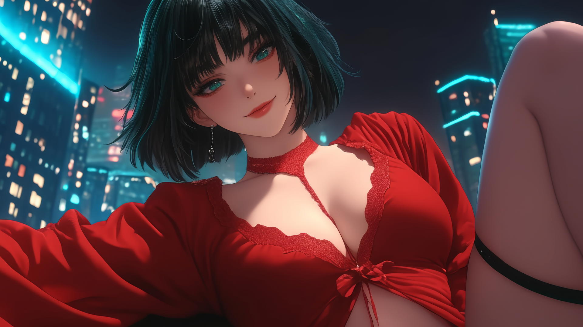 Fubuki from One Punch Man, kneeling, neon-lit hotel ceiling background
