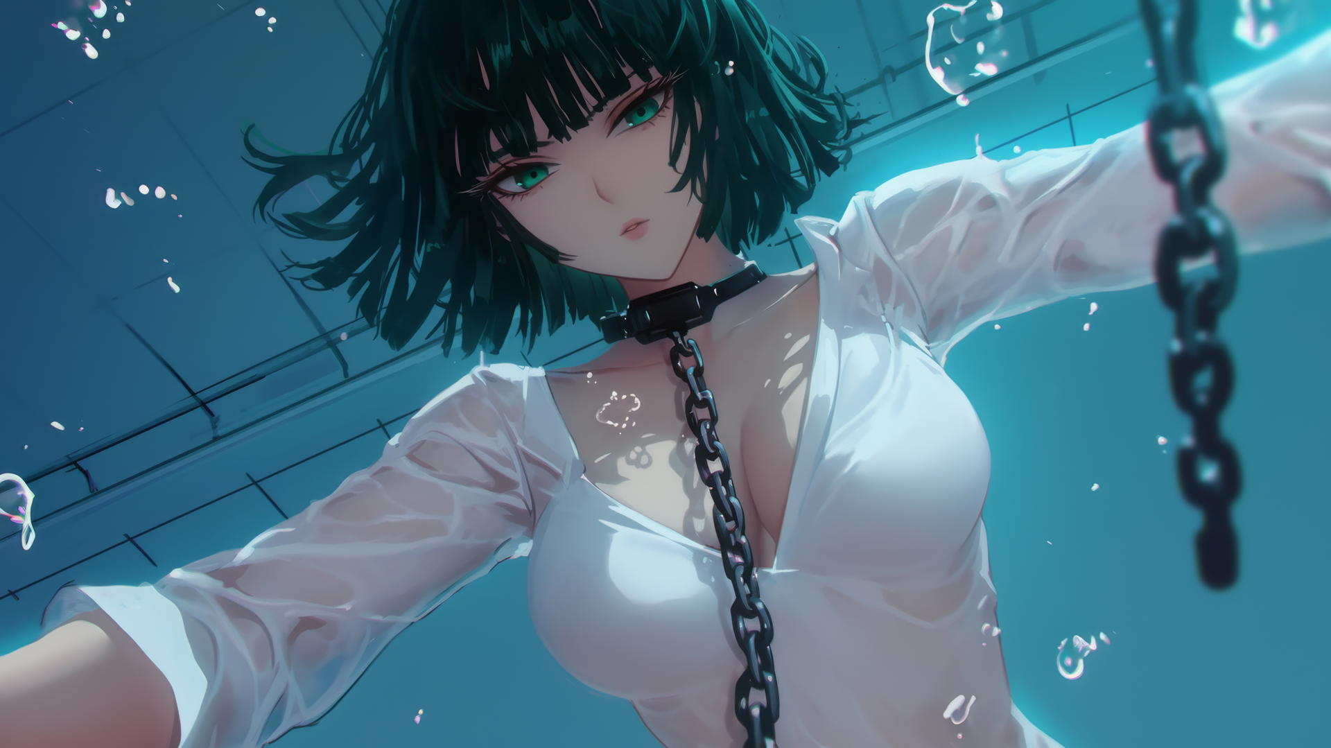 Fubuki from One Punch Man, chained, kneeling, neon-lit, hotel ceiling background