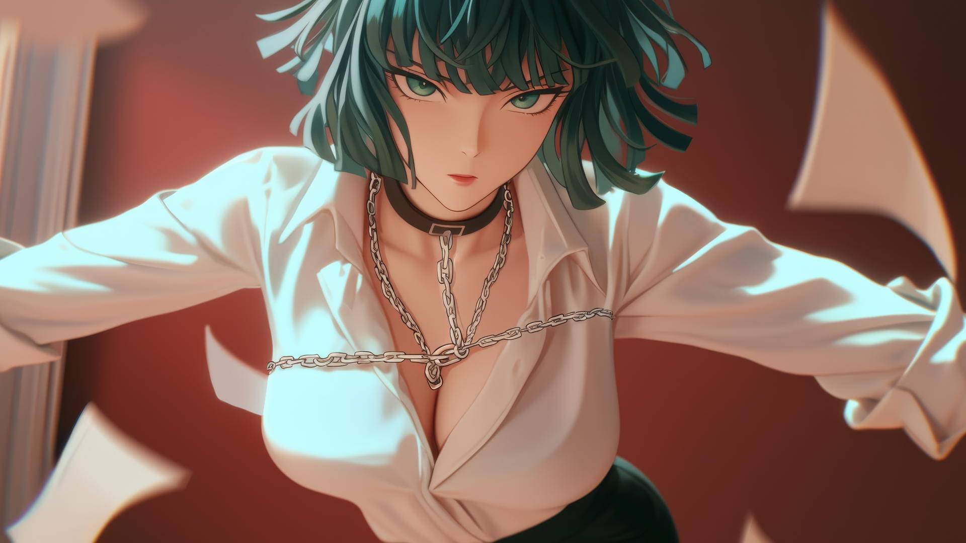 Fubuki from One Punch Man kneeling, locked with chains, hotel ceiling background