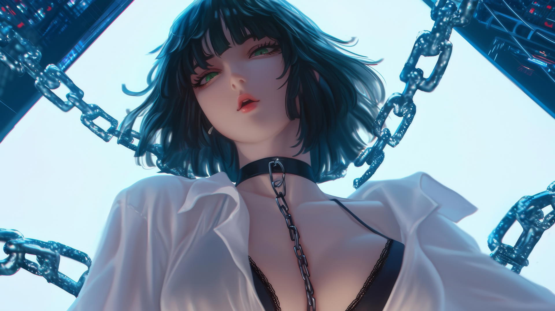 Fubuki from One Punch Man kneeling with chains, taken from below, neon-lit hotel ceiling in background
