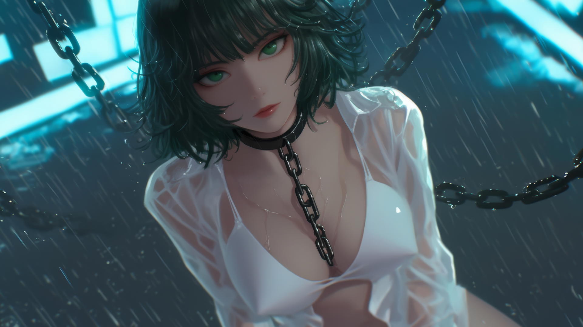 Fubuki from One Punch Man kneeling, chained, in a neon-lit rainy hotel room.