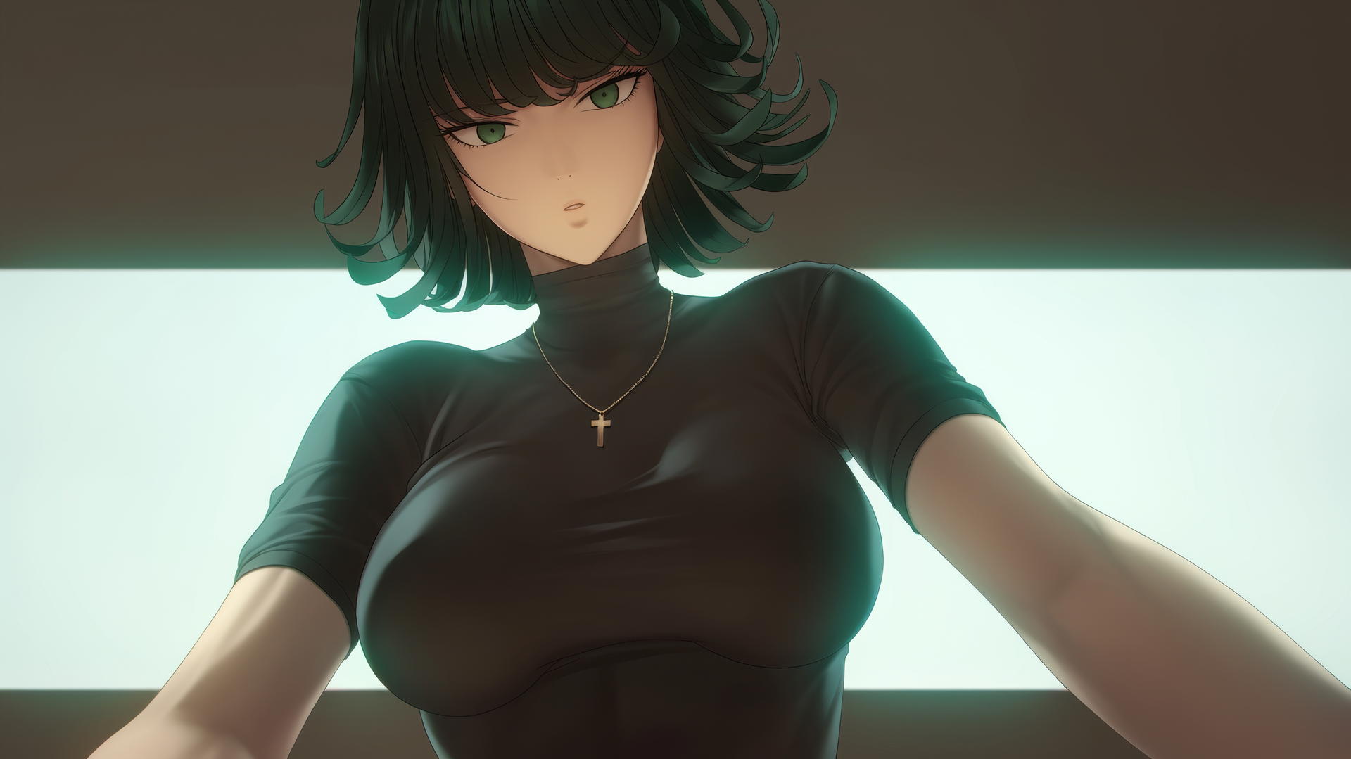 Fubuki from One Punch Man seen from below with a hotel ceiling and neon lights, dark green bob hair, light green eyes, leaning and kneeling.