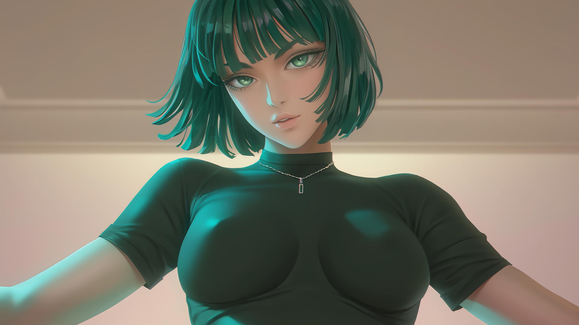 Close-up of Fubuki from One Punch Man, kneeling and leaning forward with neon light casting a glow, hotel ceiling in background.