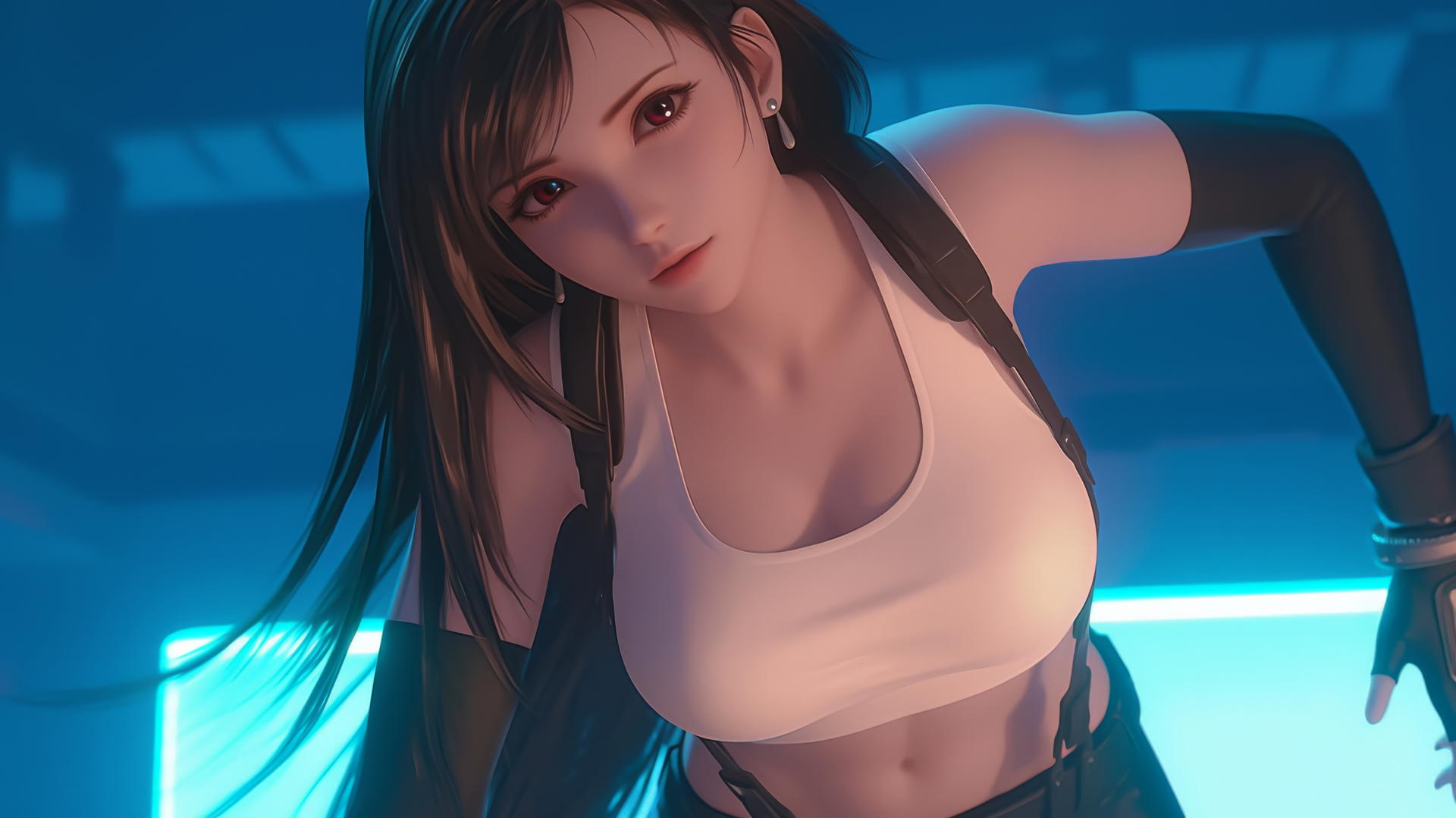 Tifa Lockhart in a broken white T-shirt kneeling and looking down with a hotel ceiling and neon lighting behind her.