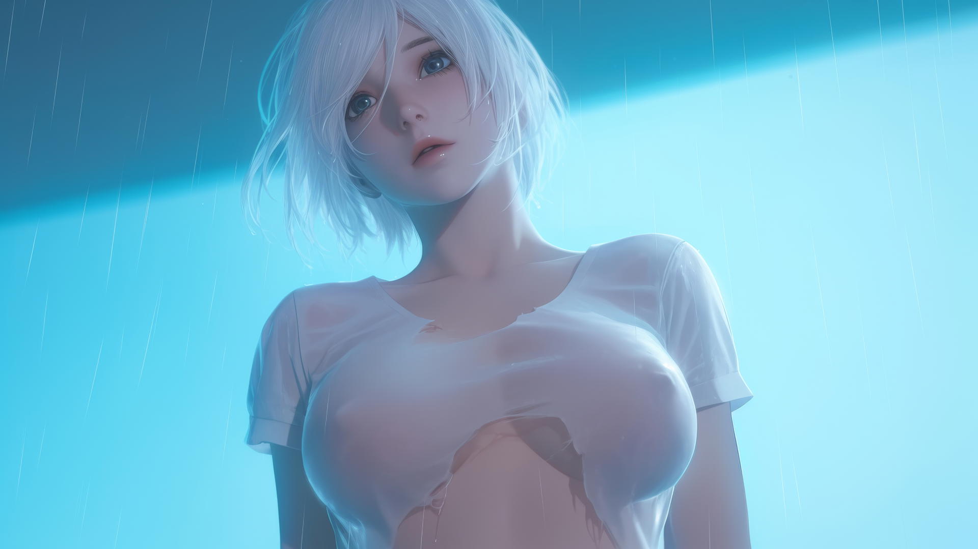 2B from Nier in a broken white T-shirt kneeling and looking down with a neon-lit hotel ceiling behind her.