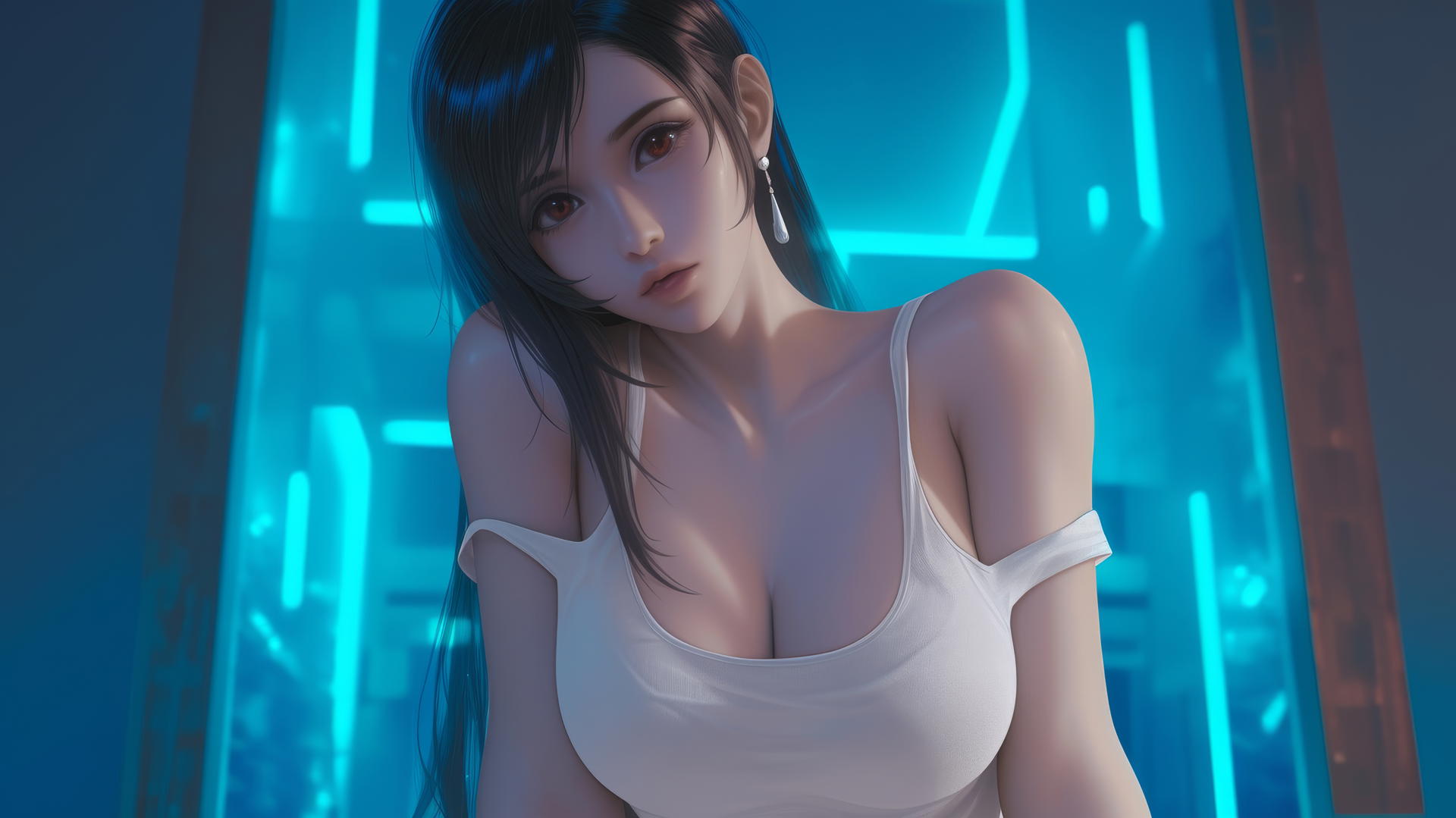 Tifa Lockhart from Final Fantasy, kneeling and leaning forward under soft neon hotel ceiling light.