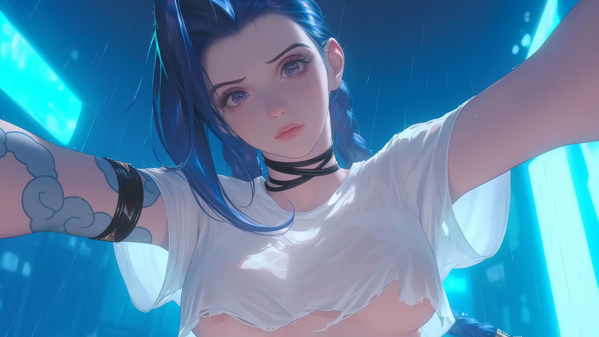 Jinx from League of Legends in a broken white t-shirt leaning forward under a hotel ceiling.