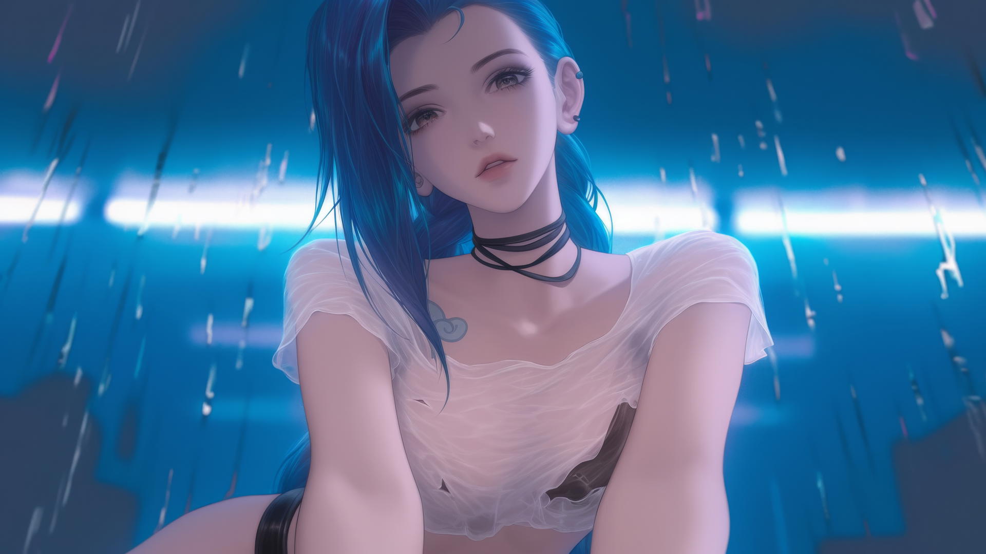 Jinx from League of Legends kneeling and looking down, with a hotel ceiling and neon light in the background.