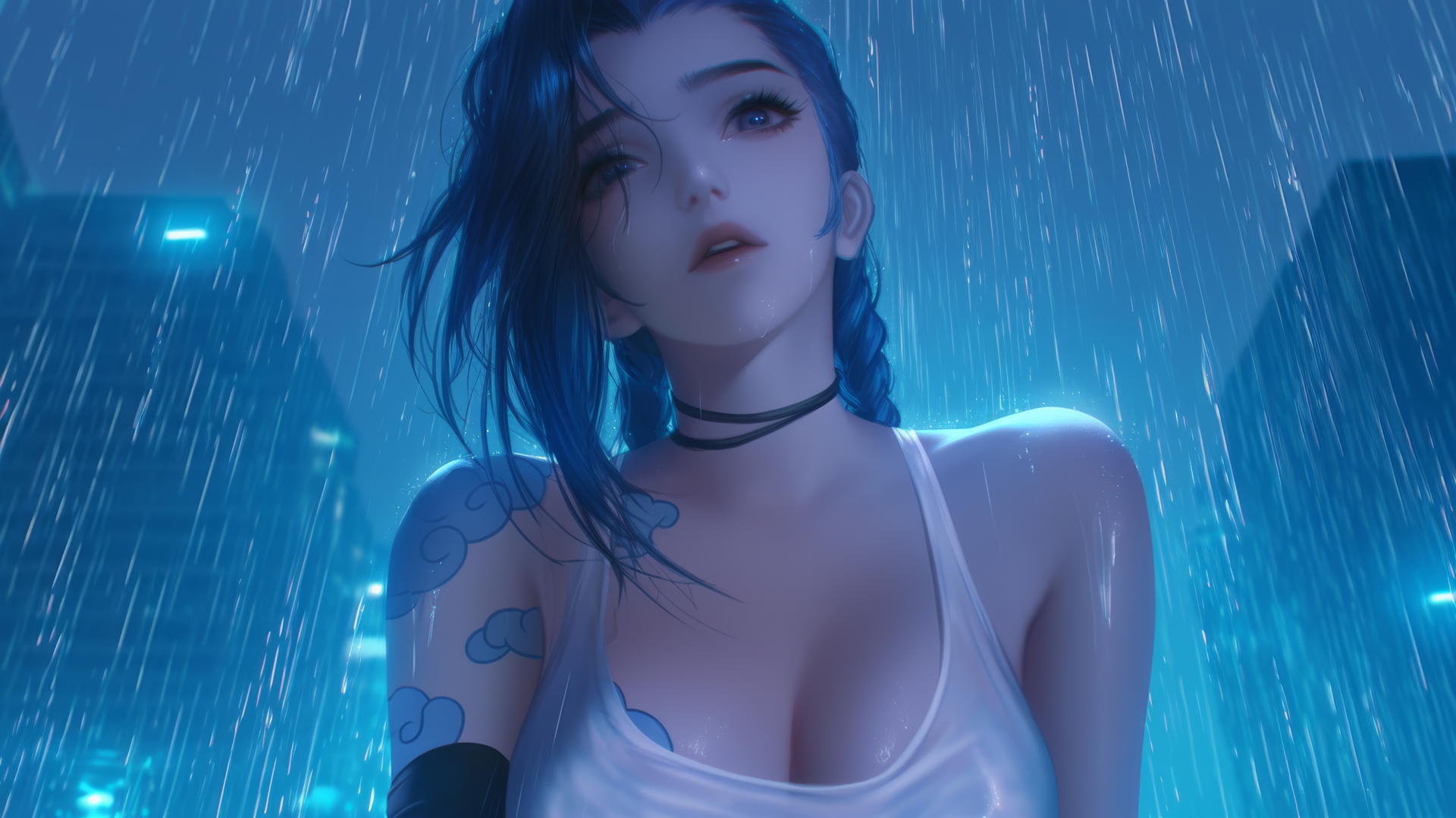 Jinx from League of Legends seen from below with a soft neon glow