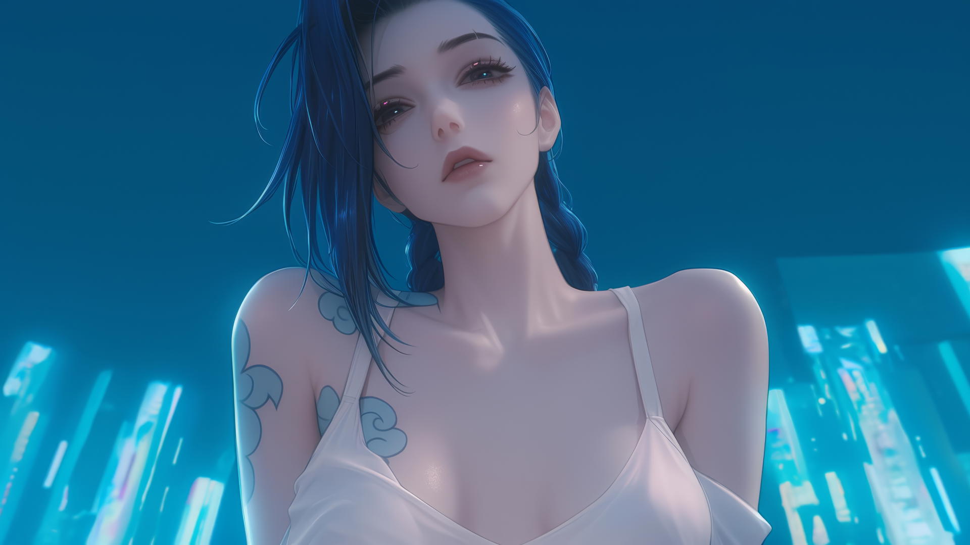 Jinx from League of Legends in a broken white office shirt, leaning down with a hotel ceiling background.
