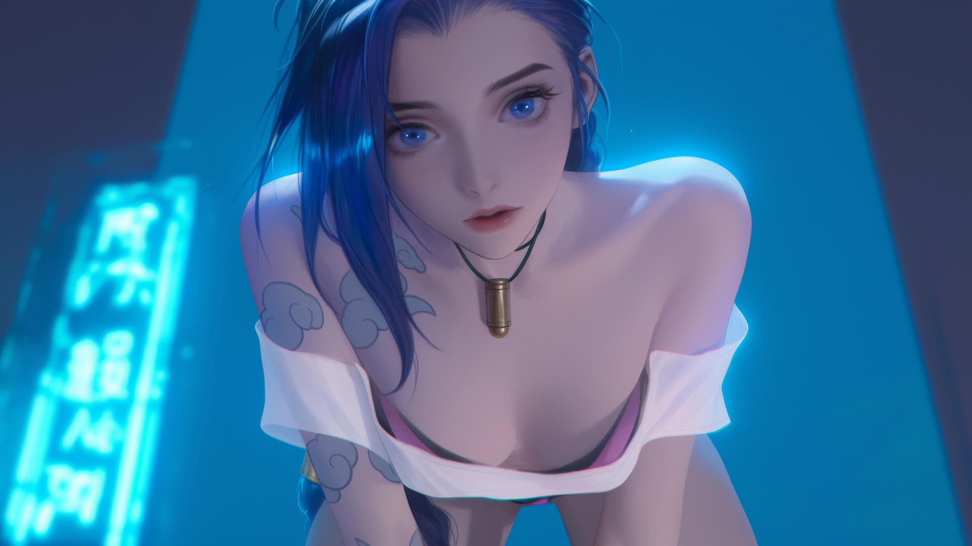 Jinx from League of Legends leaning toward with neon light glow