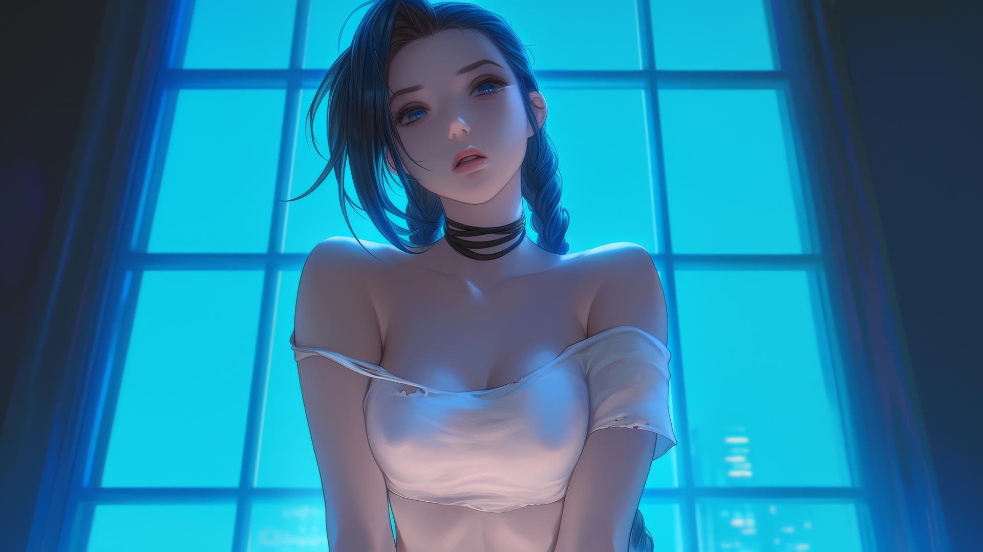 Jinx from League of Legends kneeling and looking down, seen from below