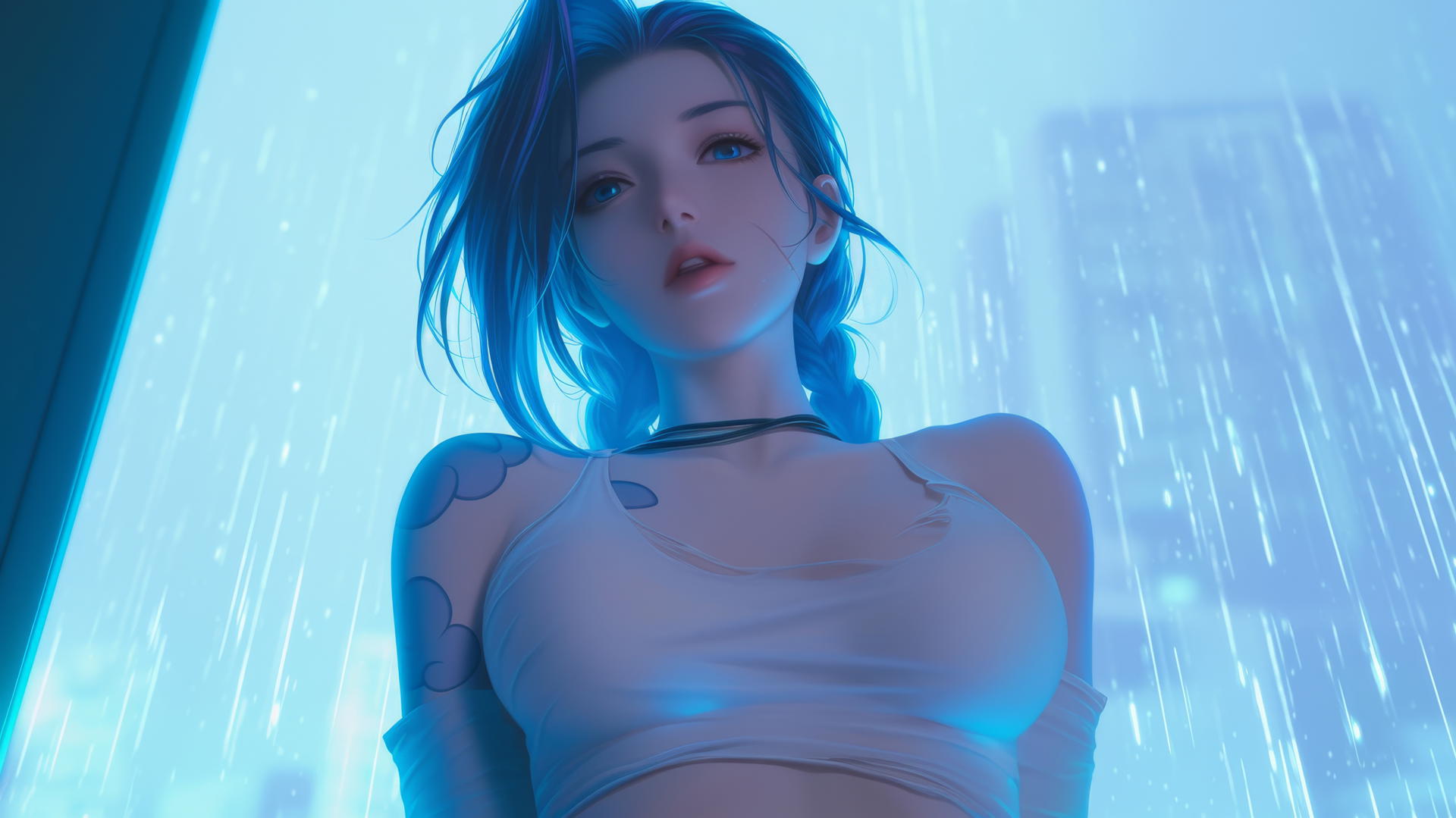 Jinx from League of Legends leaning and looking down, warm light, apartment ceiling