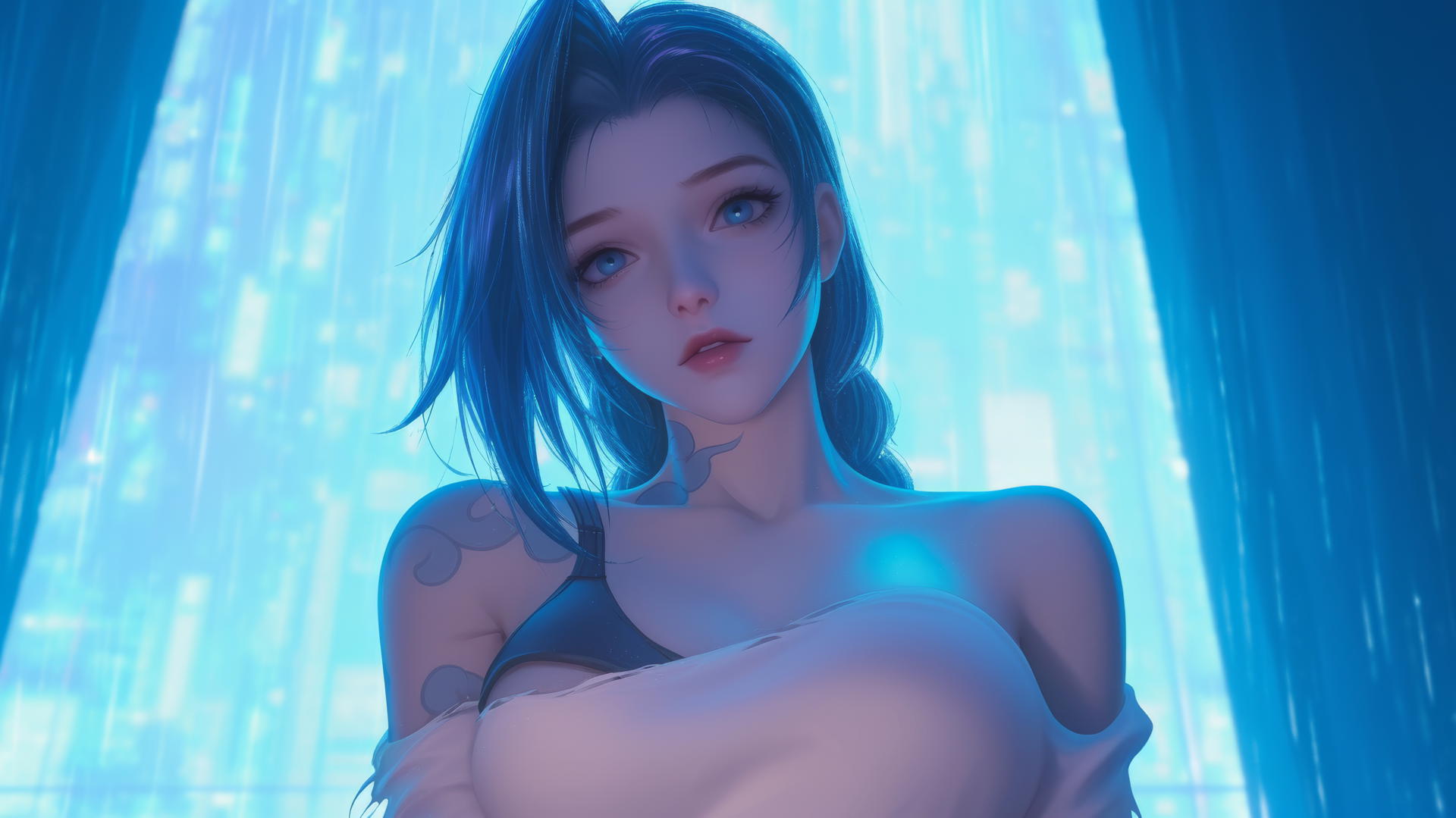 Jinx from League of Legends kneeling and leaning forward in a broken white t-shirt with an apartment ceiling background.