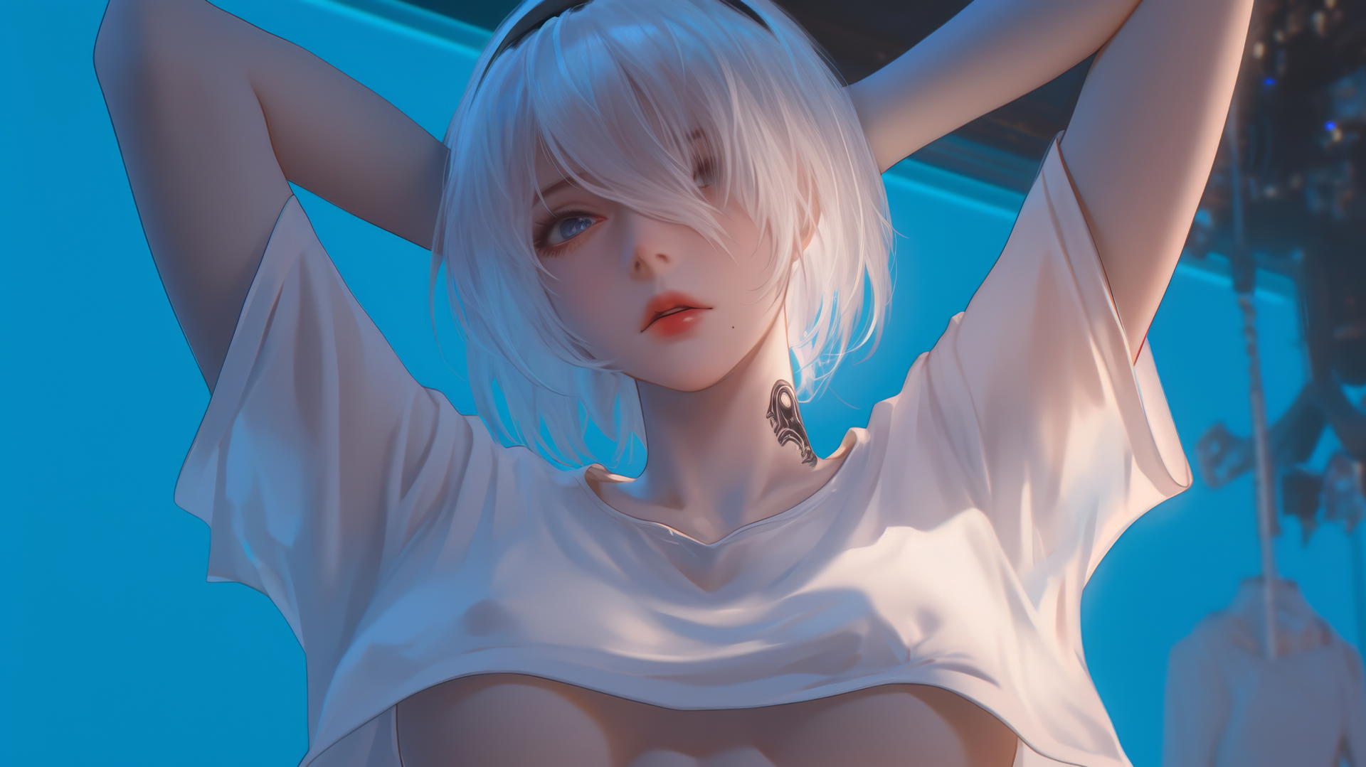 2B from Nier in a broken white t-shirt and blindfold, neon-lit hotel ceiling in the background, kneeling and looking down.