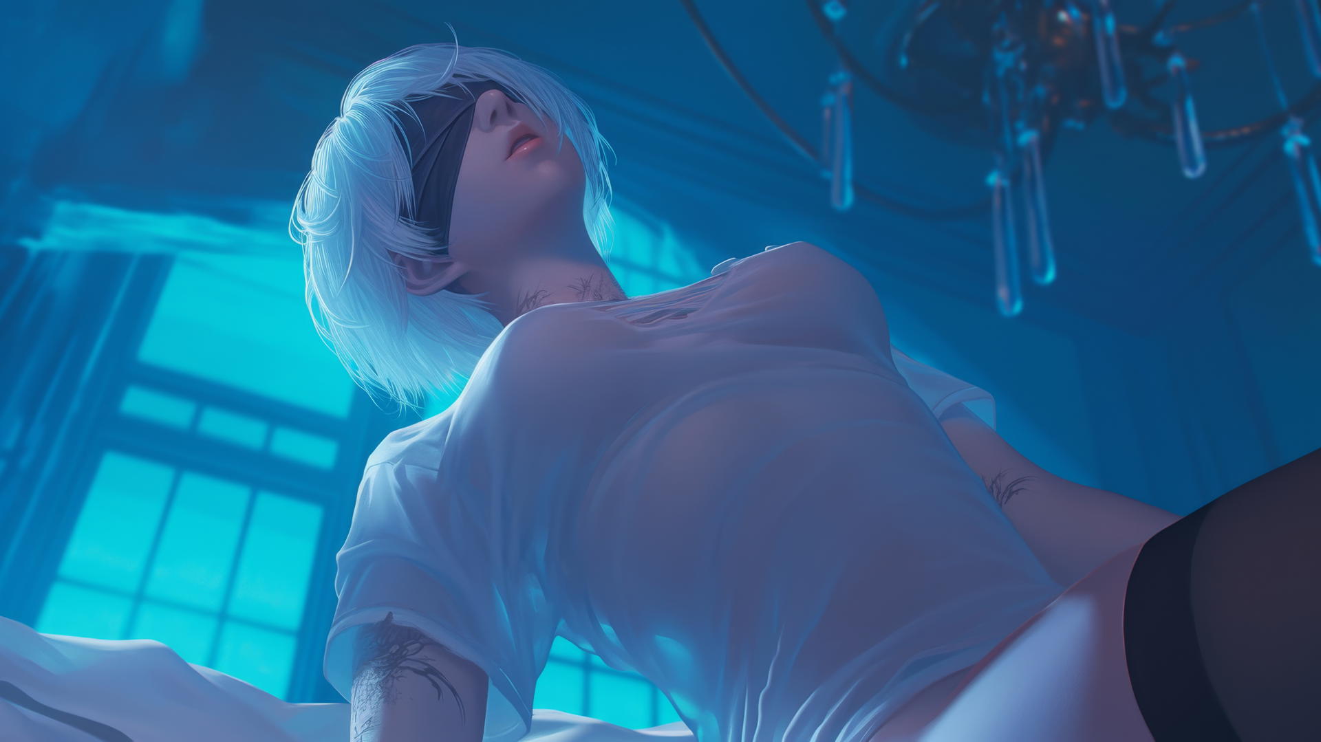 2B from Nier kneeling, wearing a broken white t-shirt and blindfold, neon-lit hotel ceiling background.