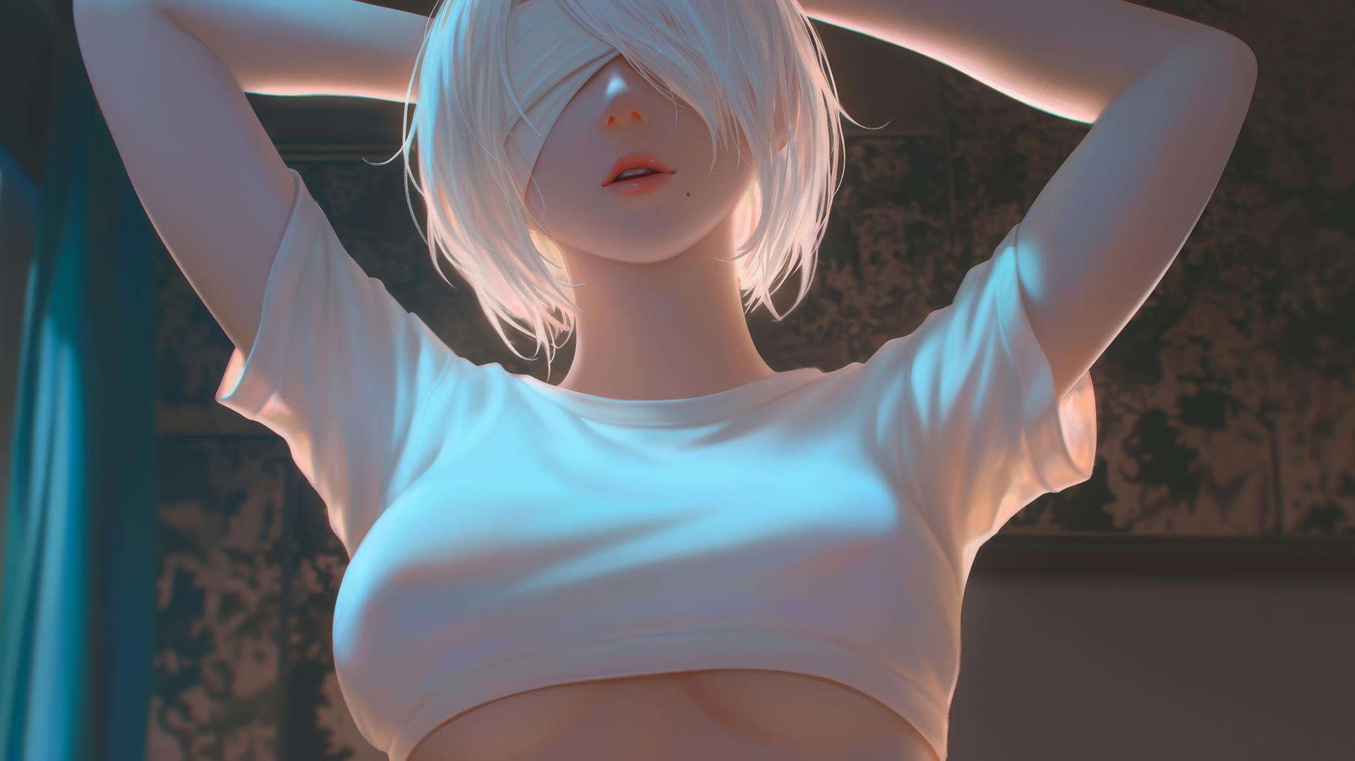 2B from Nier kneeling, leaning forward wearing a broken white t-shirt and blindfold with hotel ceiling and neon light in the background.