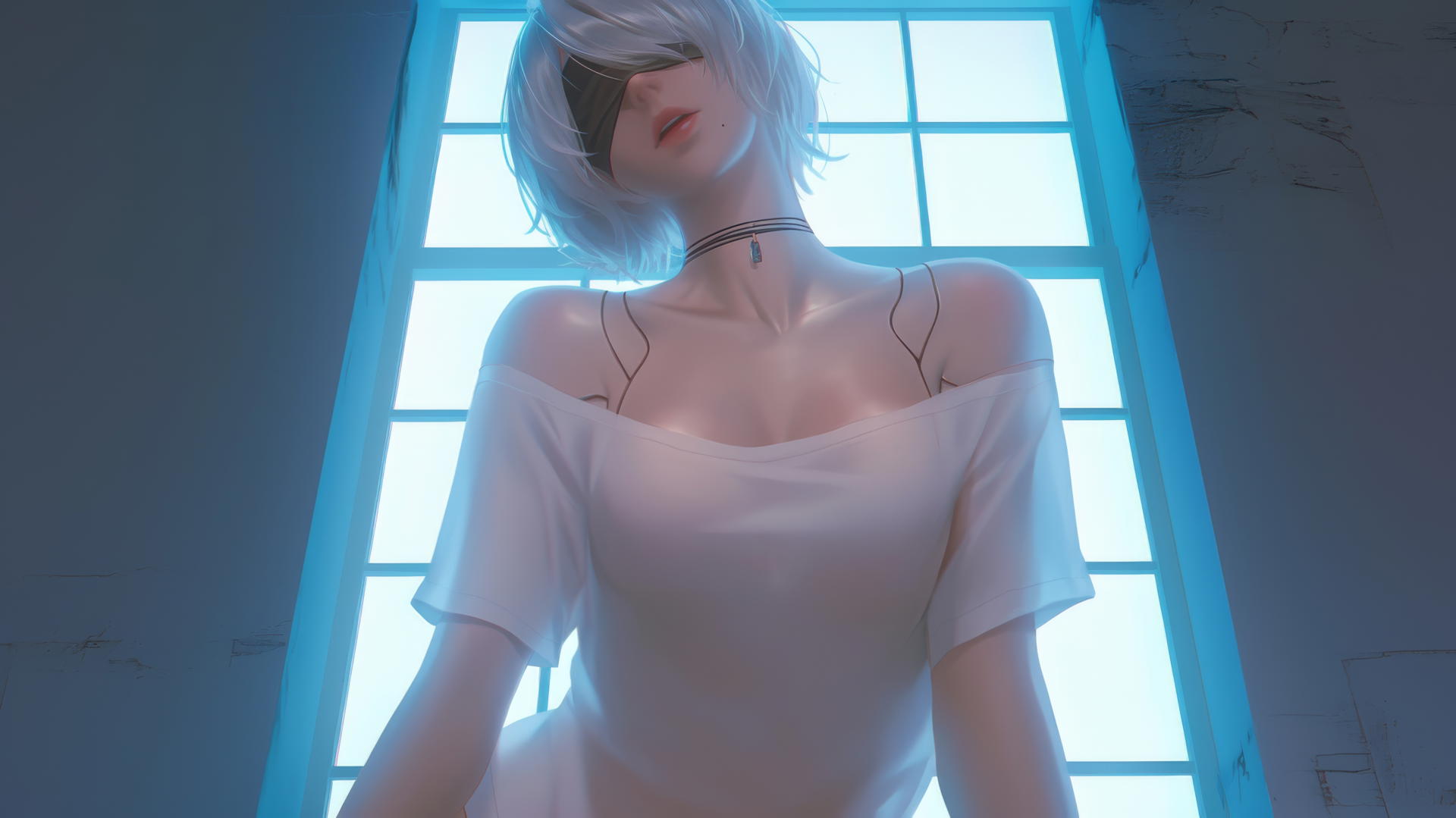 2B from Nier, in a broken white t-shirt and blindfold, seen from below with a glowing hotel ceiling.