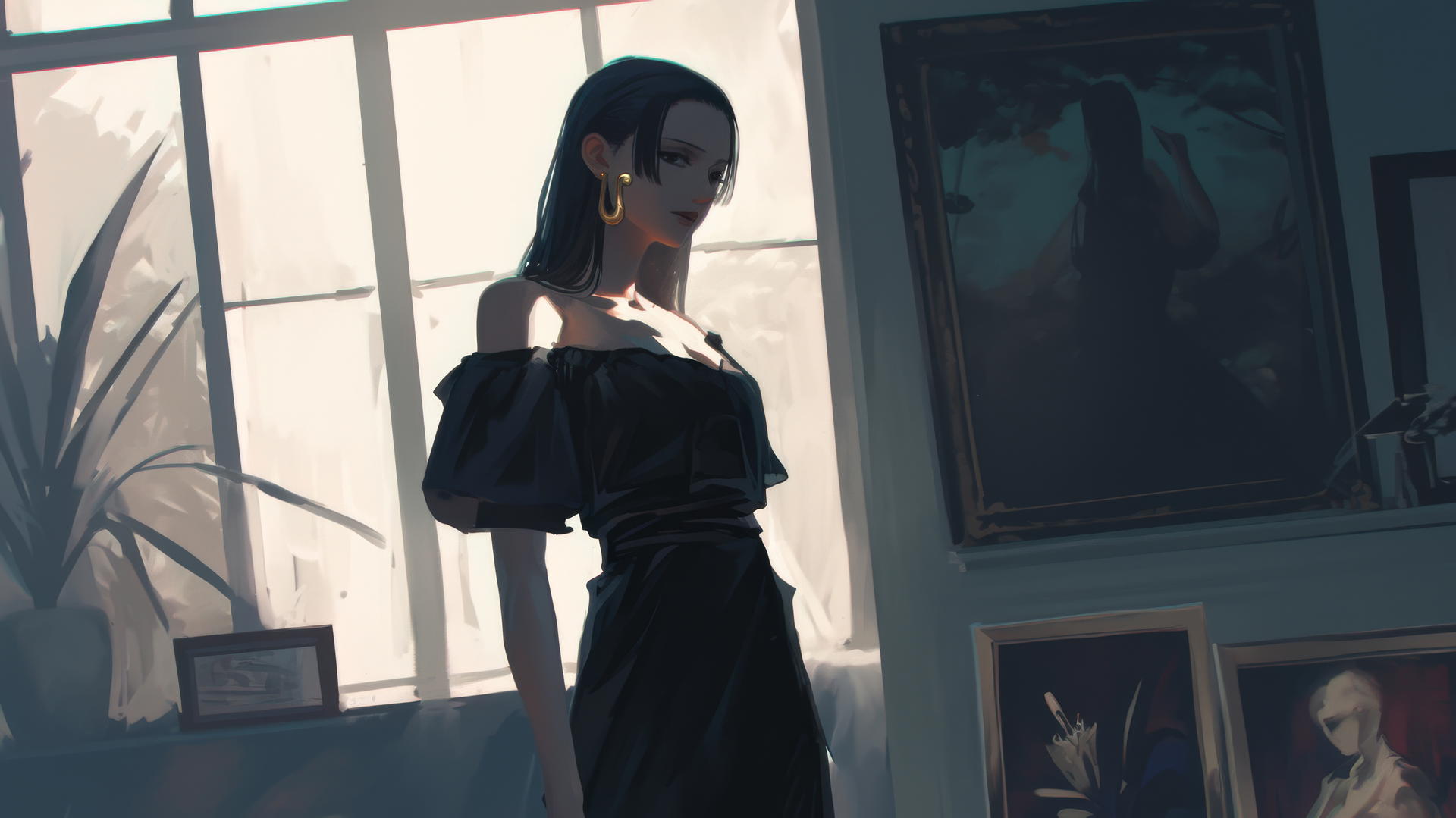 Boa Hancock from One Piece wandering through an art gallery with soft lighting