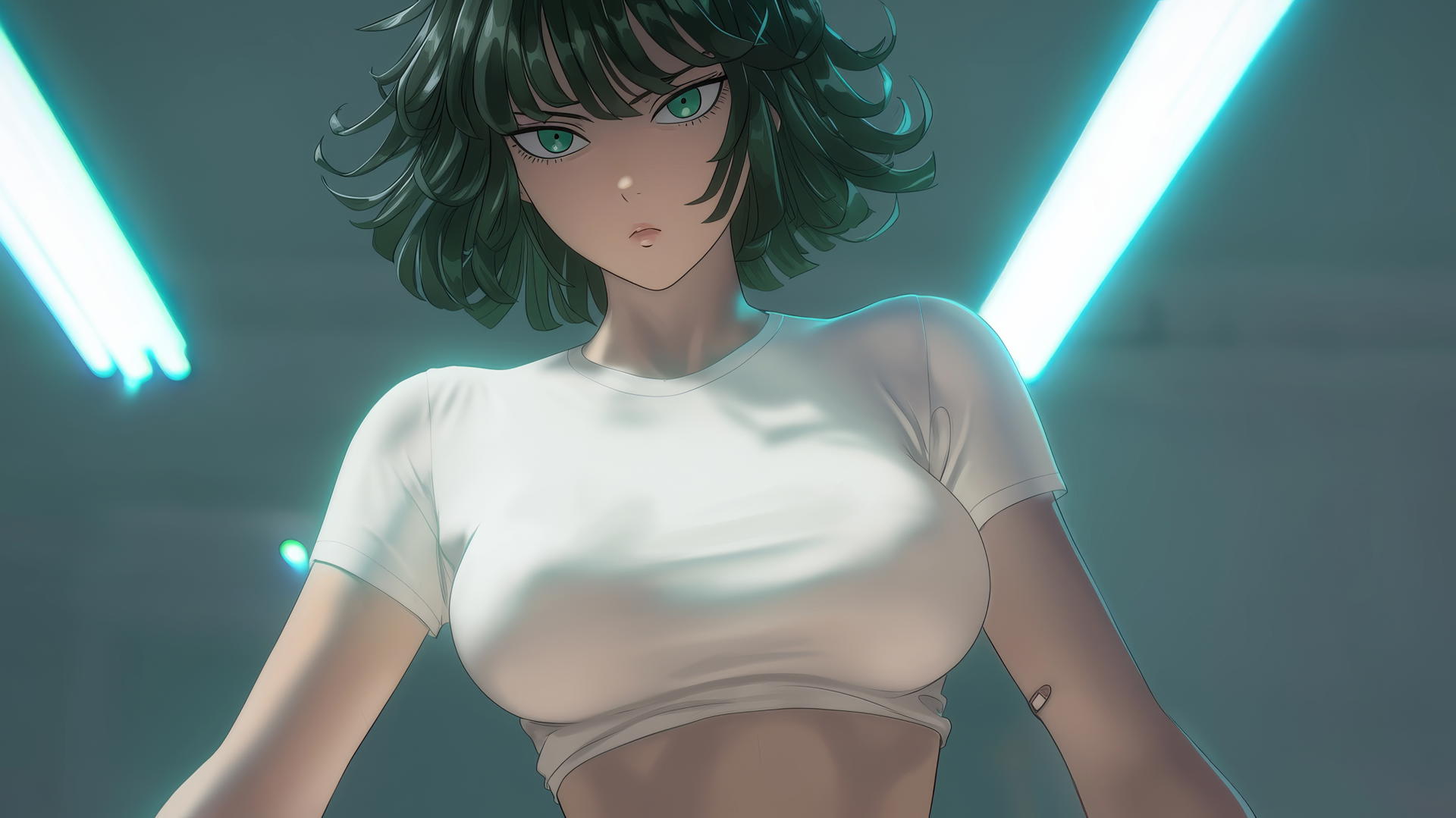 Fubuki from One Punch Man kneeling and looking down, neon light illuminating her green hair and eyes.