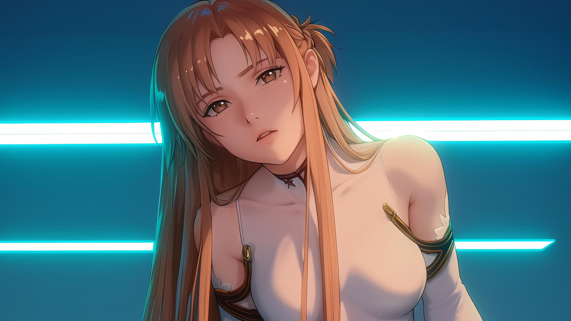 Asuna from Sword Art Online kneeling, looking down, with hotel ceiling background.