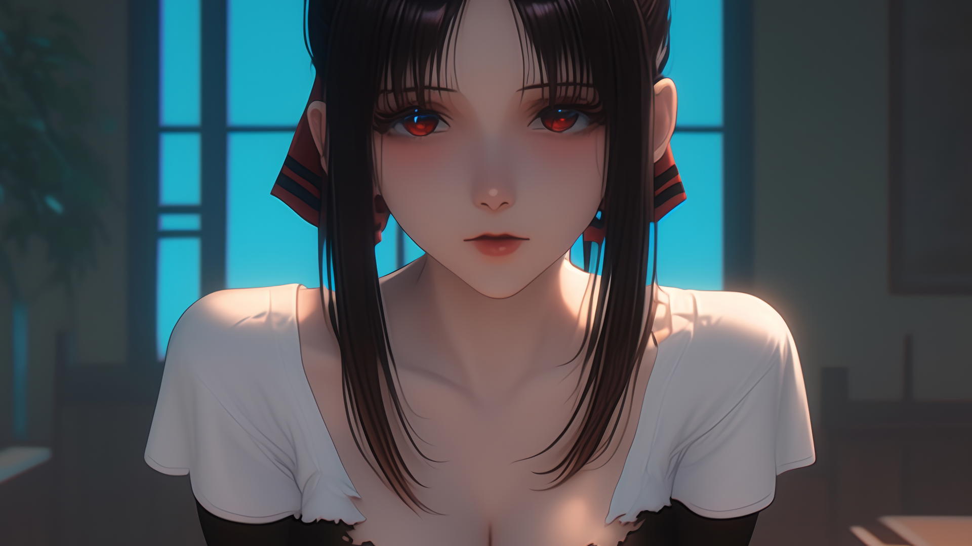 Kaguya Shinomiya from 'Kaguya-sama: Love Is War' seen from below, red eyes, broken white T-shirt, neon light