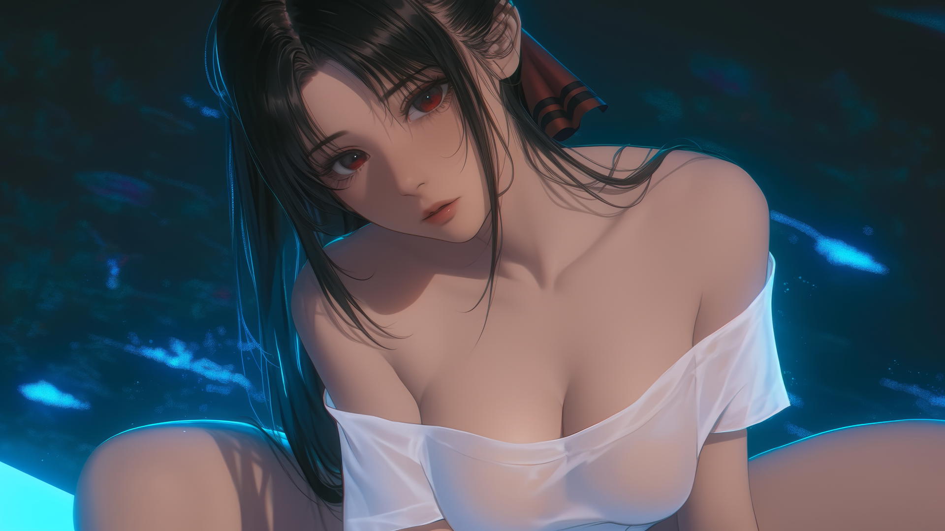 Kaguya Shinomiya from Kaguya-sama wa Kokurasetai kneeling, looking down, with red eyes