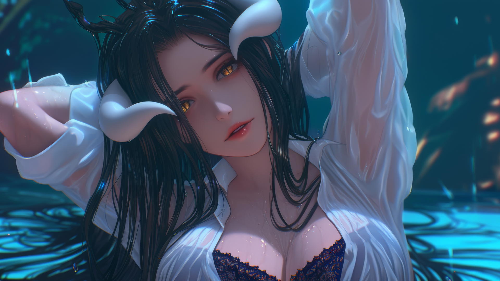 Albedo from Overlord kneeling, looking down with golden irises and horns, neon glow