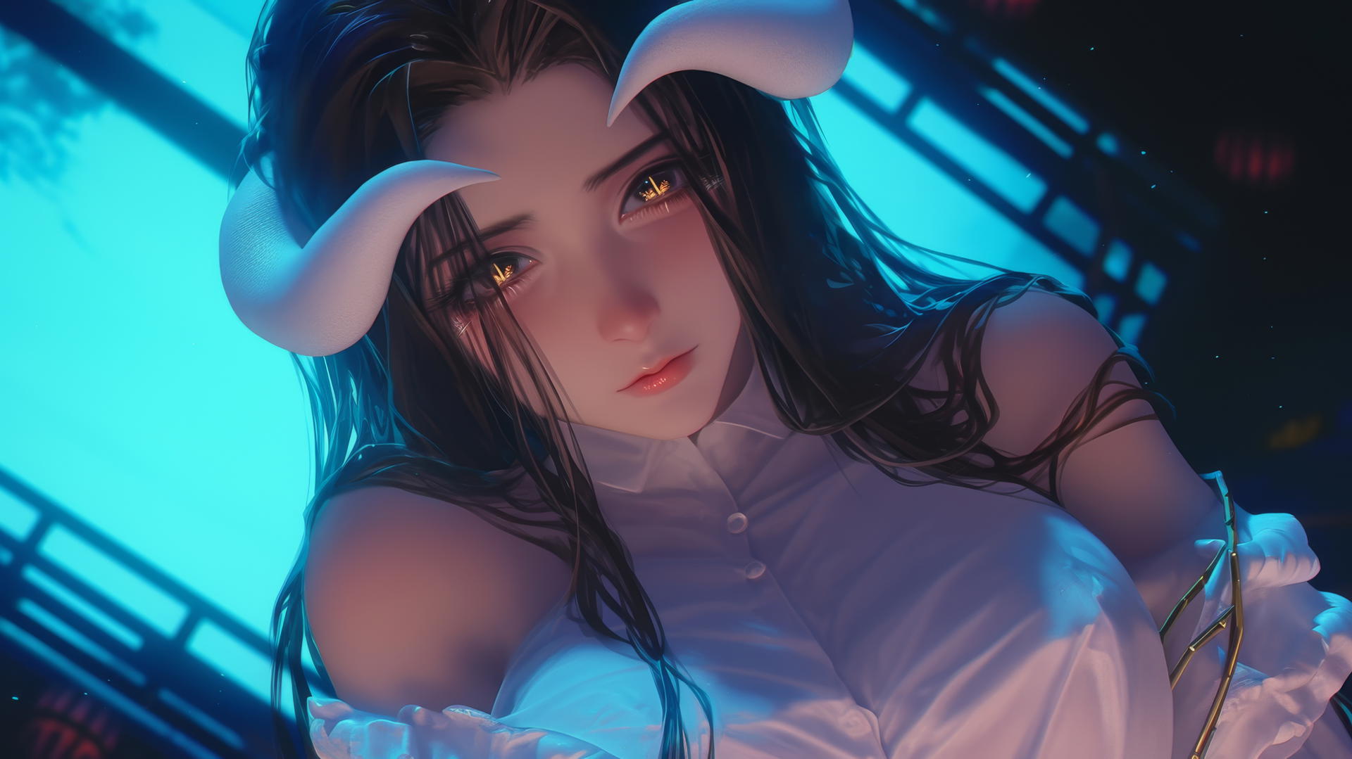 Albedo from Overlord in dynamic pose, illuminated by neon ceiling light