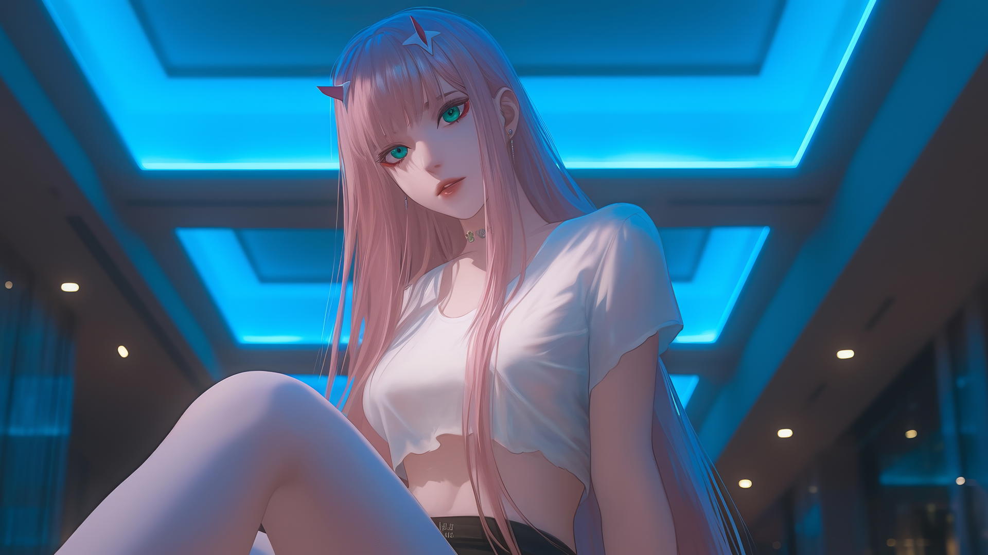 Zero Two from DARLING in the FRANXX kneeling and looking down, warm hotel ceiling background.
