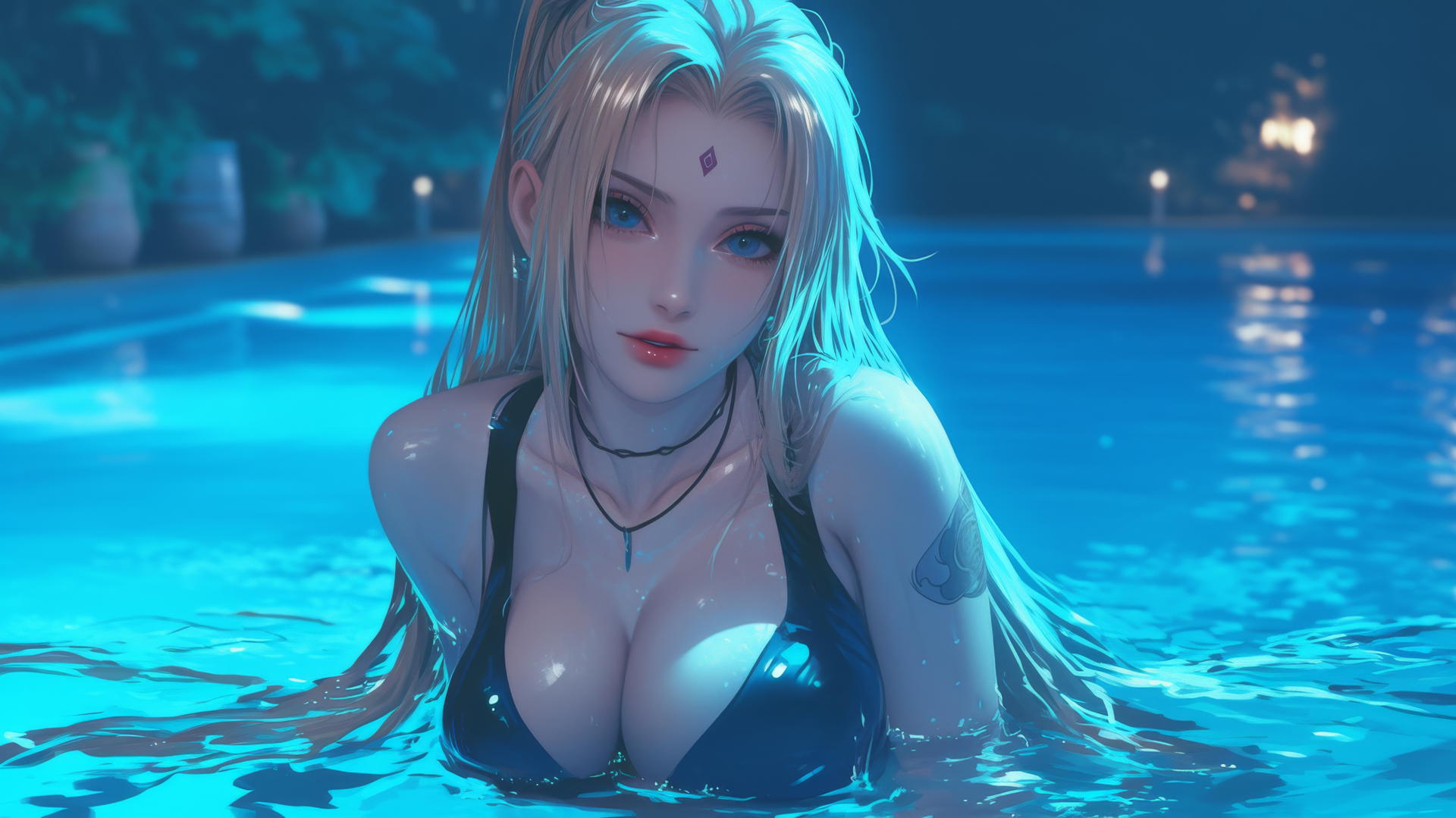 Tsunade from Naruto resting by a moonlit swimming pool
