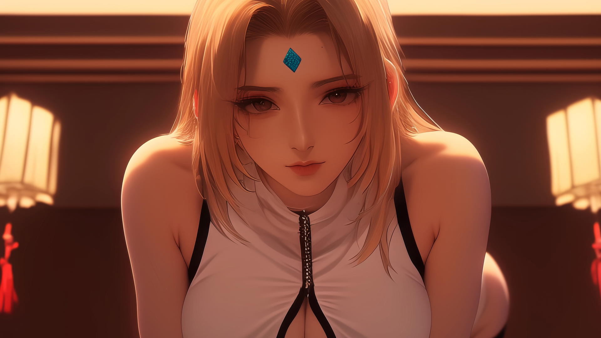 Kneeling Tsunade from Naruto, seen from below, warm and neon light glowing.