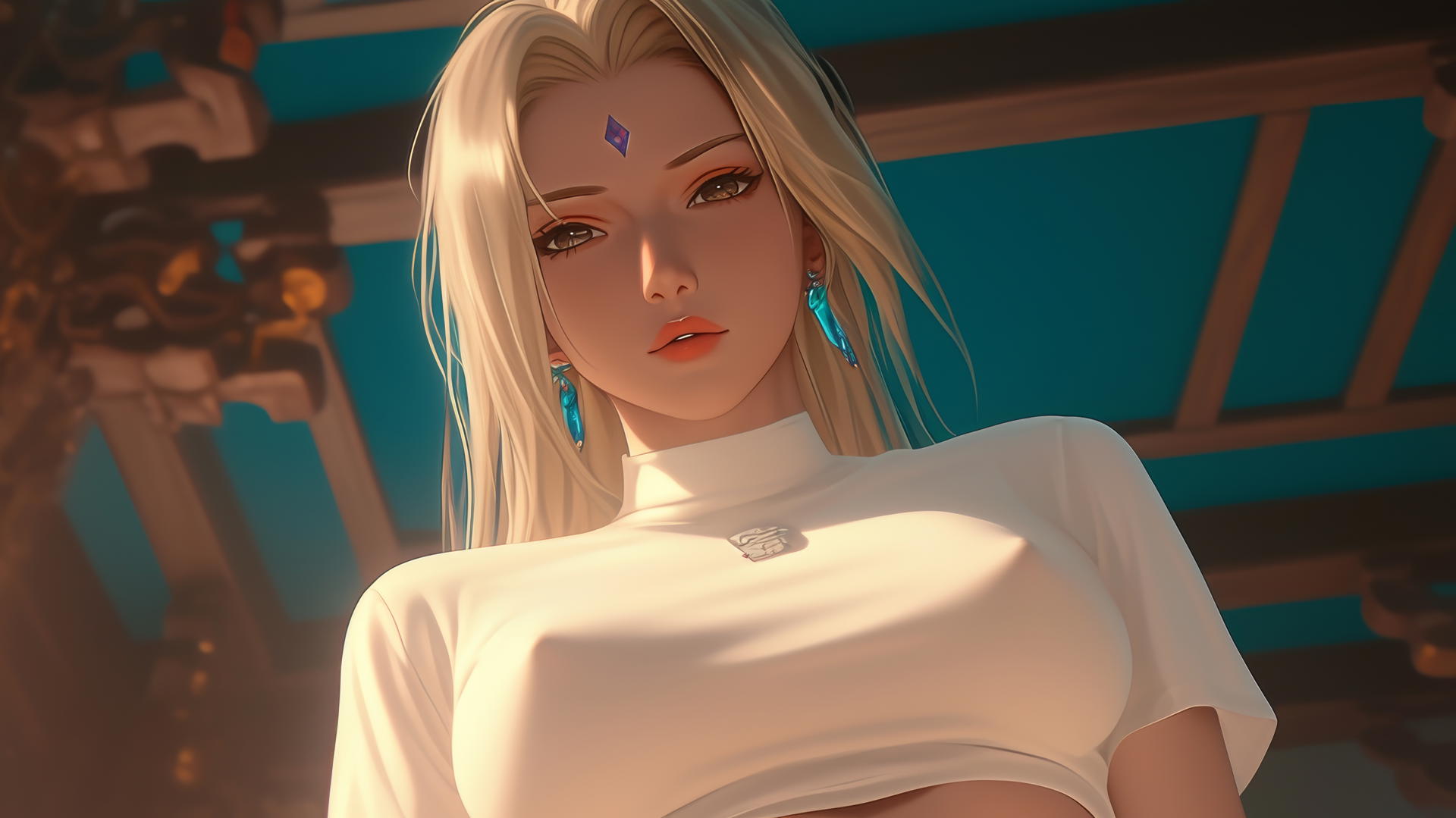Tsunade from Naruto kneeling with warm light, looking down, ceiling background