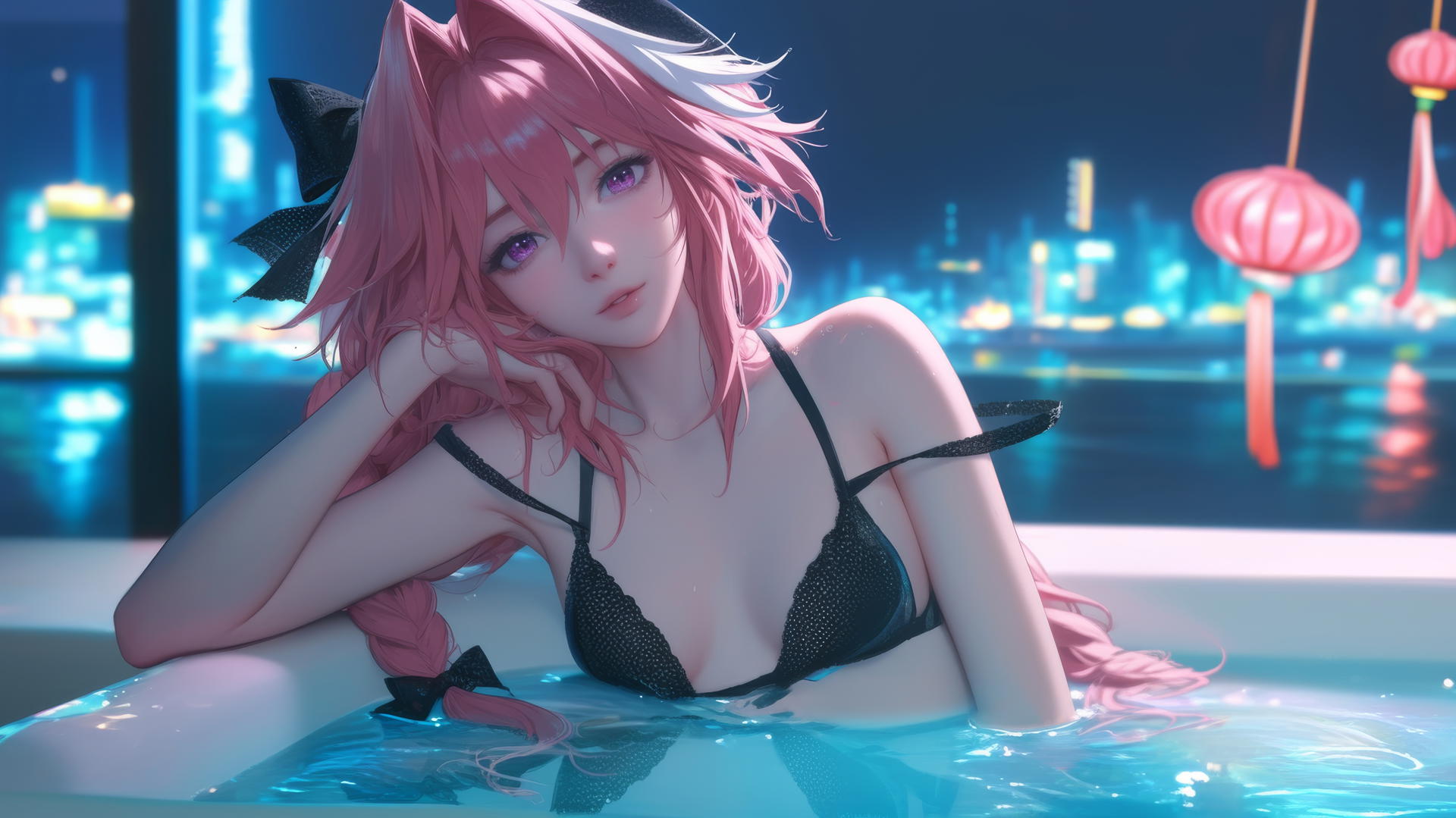 Astolfo from Type Moon resting in a modern hotel tub with moonlight