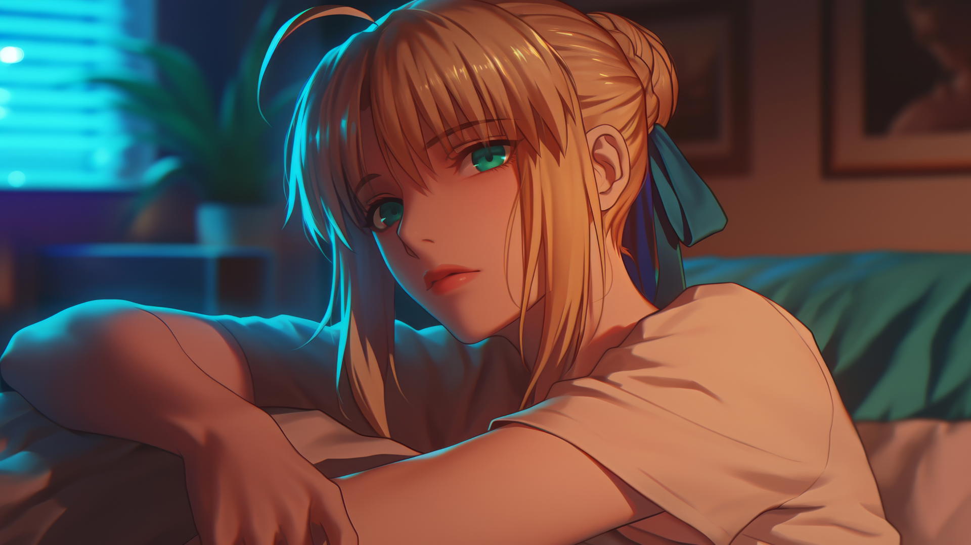 Saber from Fate Zero, green eyes, resting in a modern hotel room with moonlight on her